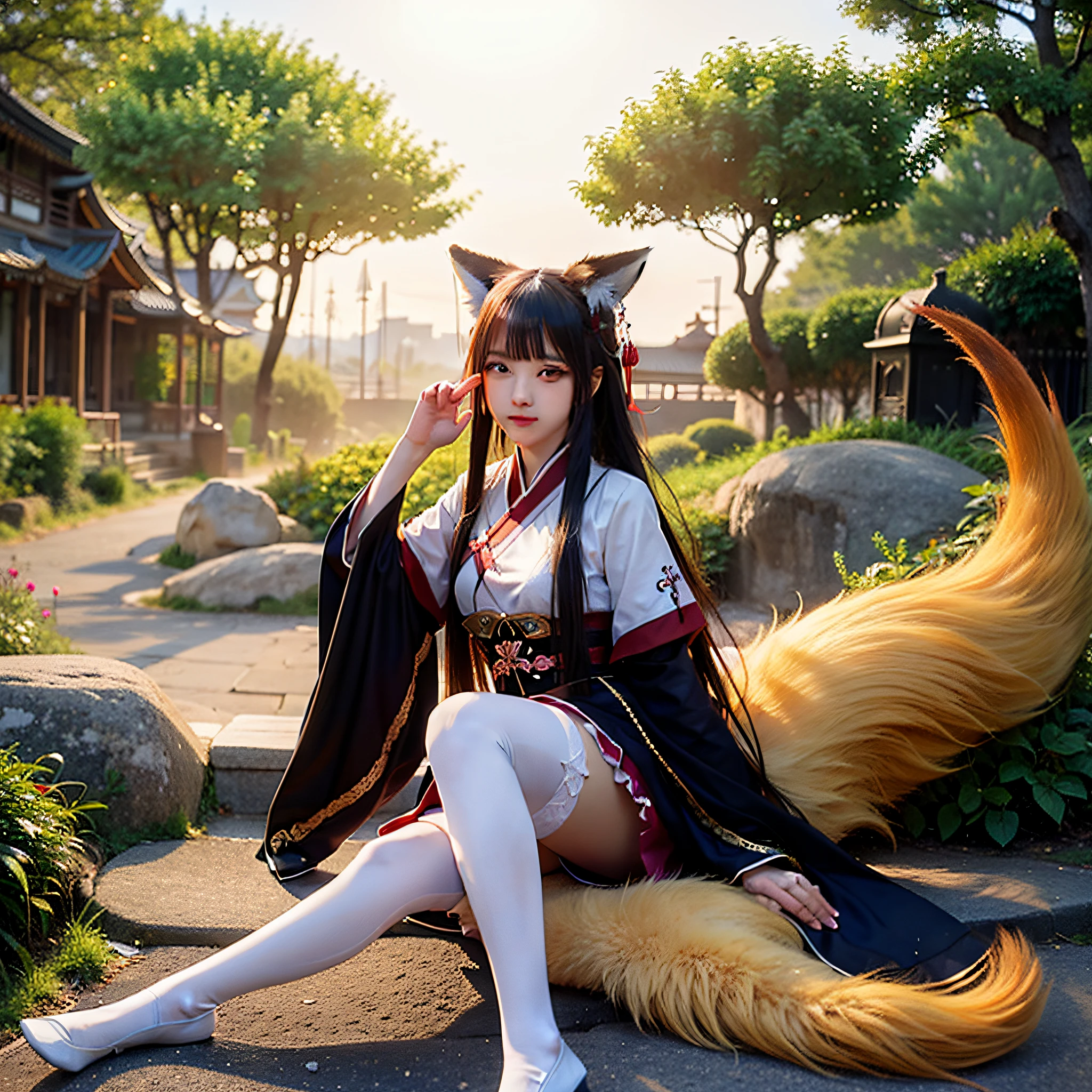 (masterpiece, high quality, highres,illustration),(cute,gentle),(high detailed skin:0.8),(1girl),(loli, solo, petite),full body,age regression,(little girl:1.2),(the Nine-Tailed Fox),(Fox tail, fox ears),long hair,white hair,crossed bangs,ahoge,cute face, beautiful detailed eyes,glowing eyes, red eyeshadow, small breasts,(chinese clothes:1.2),(white thighhighs)(see-through:0.8),center frills,tachi-e,(a fox,Fox Shadow,forest,white background),