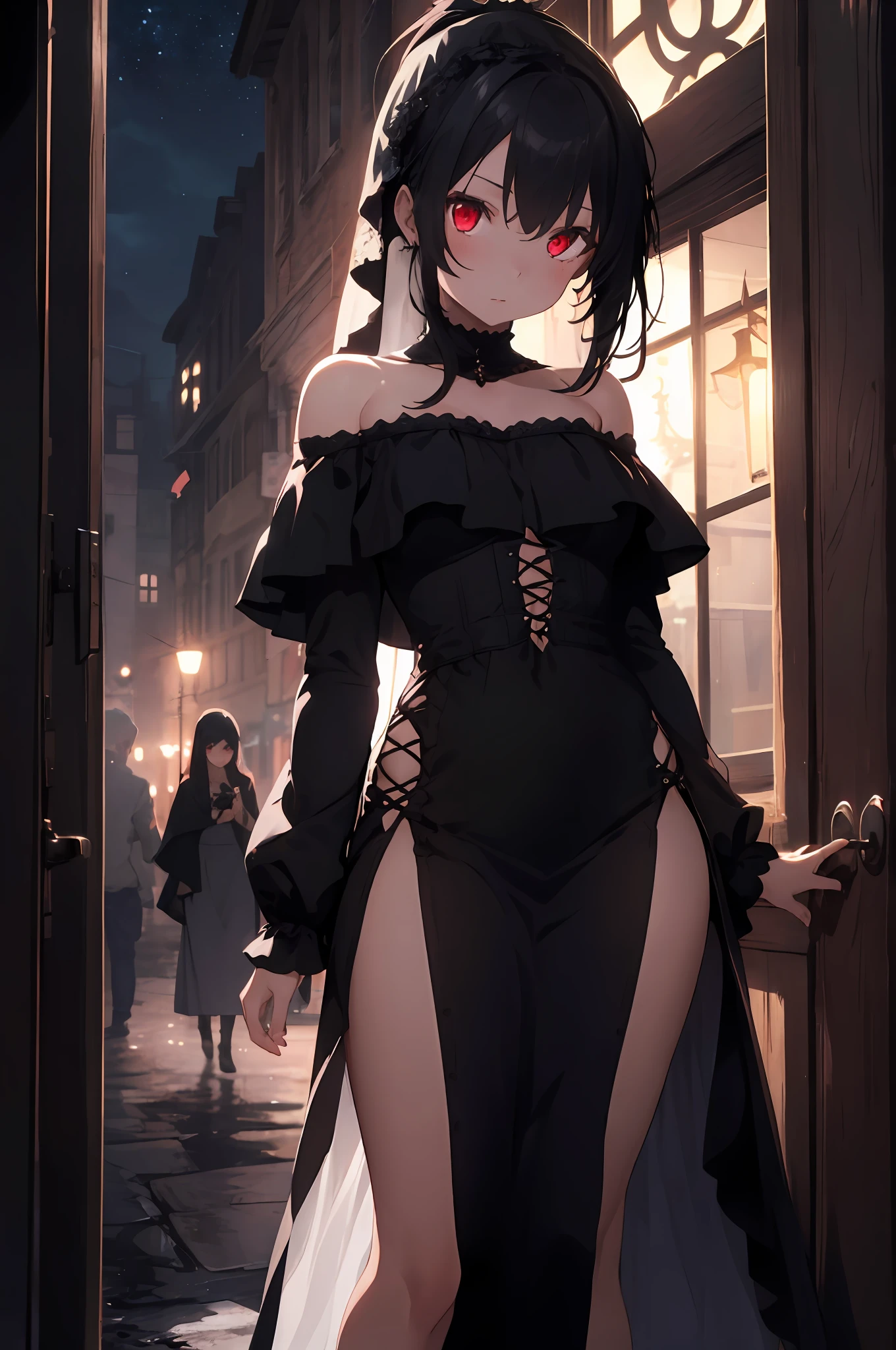 1girl, solo, black hair, red eyes, glowing eyes, ponytail, sidelocks, medium , expressionless, Veil, Hair, Black Dress, Off-Shoulder Dress, Long Sleeges, Long Dress, Sideslit, (Gothic), dark ambience, night, dark room, looking at viewer