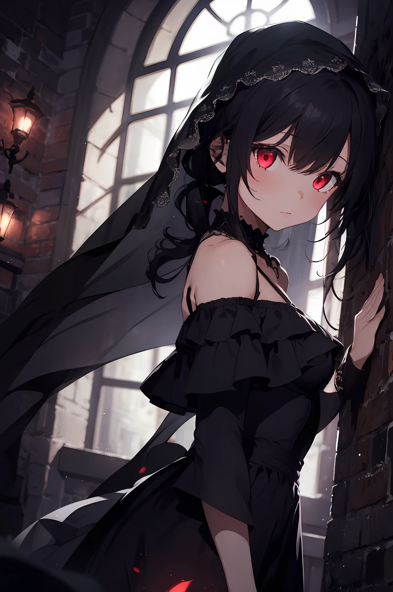 1girl, solo, black hair, red eyes, glowing eyes, ponytail, sidelocks, medium breast, expressionless, Veil, Hair, Black Dress, Off-Shoulder Dress, Long Sleeges, Long Dress, Sideslit, (Gothic), dark ambience, night, dark room, looking at viewer