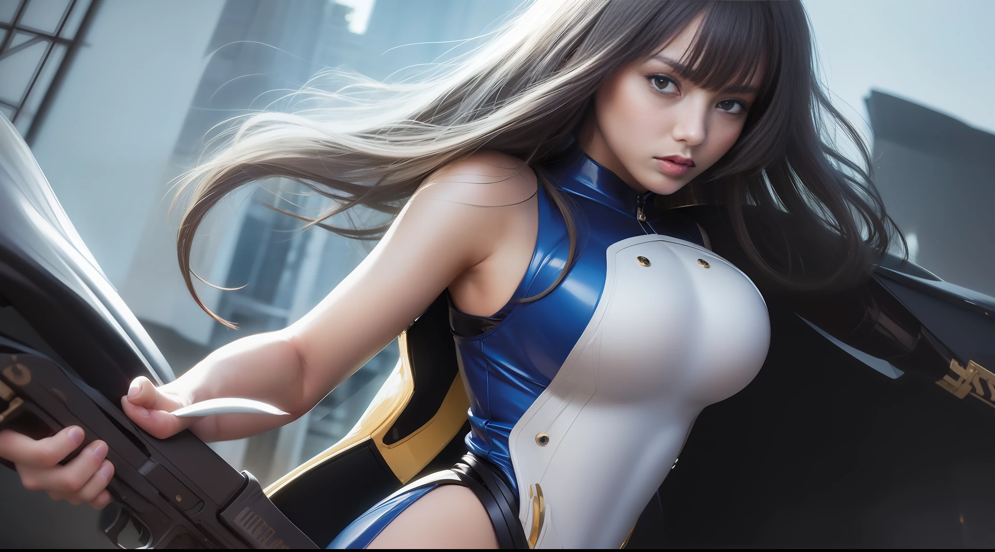 Armed with a firearm,Mecha-style white leather and dark blue leather battle suit,With metal trim