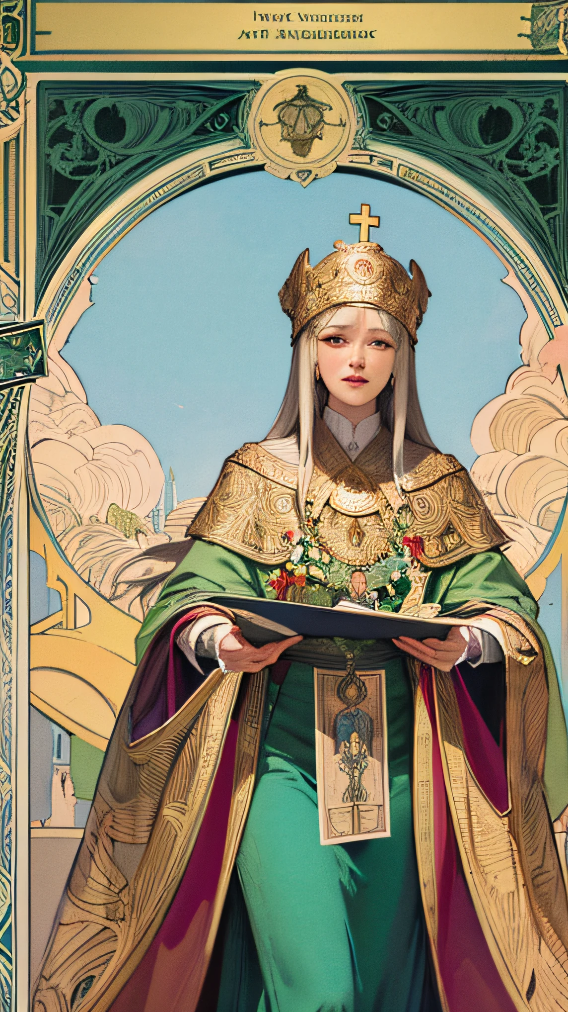 master-piece, best qualiy, Alphonse Mucha, art nouveau,
(style de carte de tarot: 1.3), Unique tarot card frame incorporating floral and green elements,
Midnight mass of the Russian Orthodox New Year in Saint-Petersburg at the beginning of the Twentieth Century, Year 1905
Realistic 3D, hyper realistic, Zentangle,