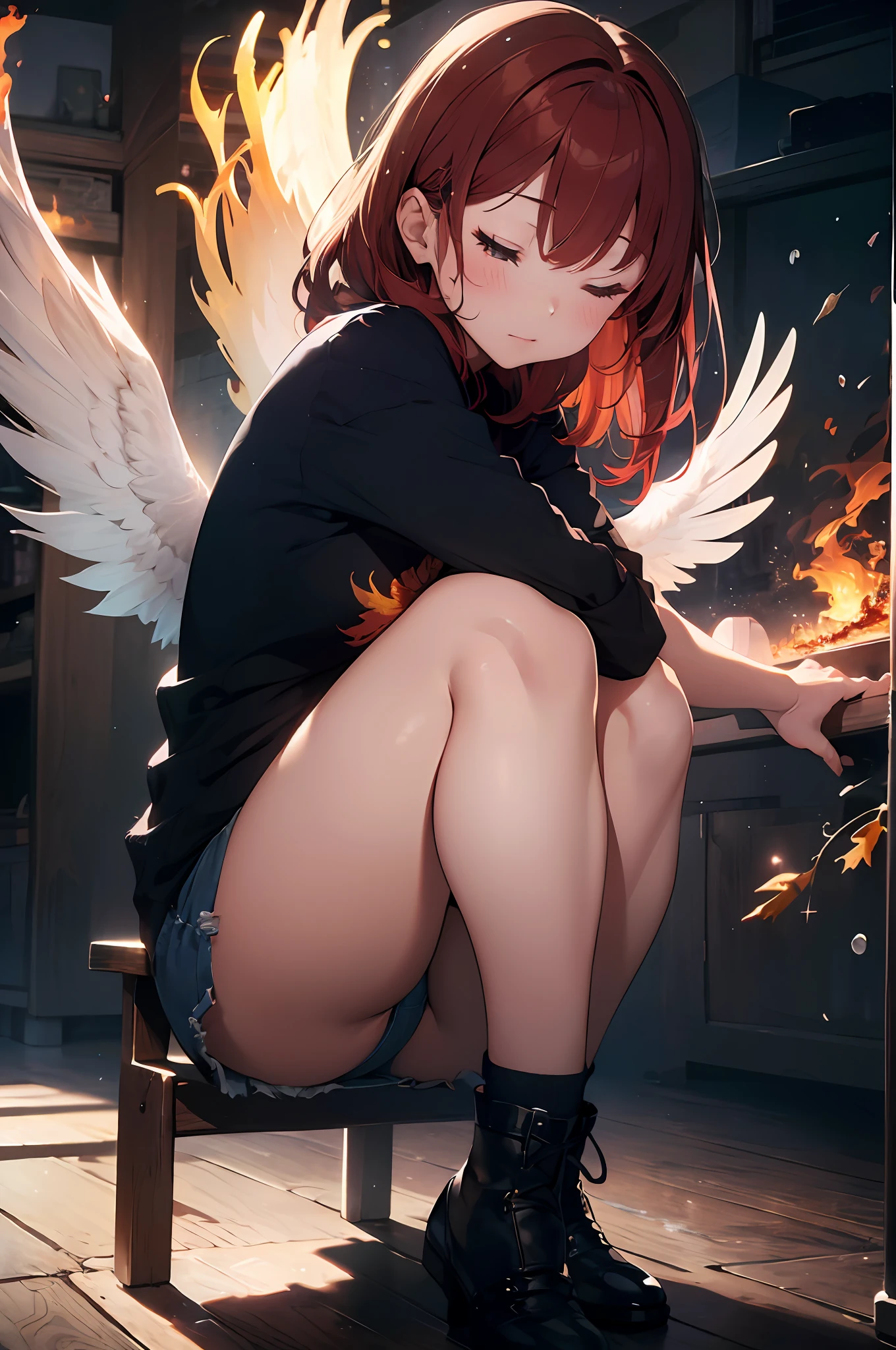 (extremely detailed CG unity 8k wallpaper,masterpiece, best quality, ultra-detailed, beautiful detailed eyes:1.2),best illumination, (best shadow, an extremely delicate and beautiful, bloom), 1gril,solo,(masterpiece), (best quality), (ultra-detailed), (solo), 1girl, (extremely delicate and beautiful body)(masterpiece), (best quality), (ultra-detailed), (illustration), amazing, (( girl with phoenix wings, fiery wings, red hair, eyes closed, calm face, sitting on her knees)))), cinematic light, unusual angle and pose,))