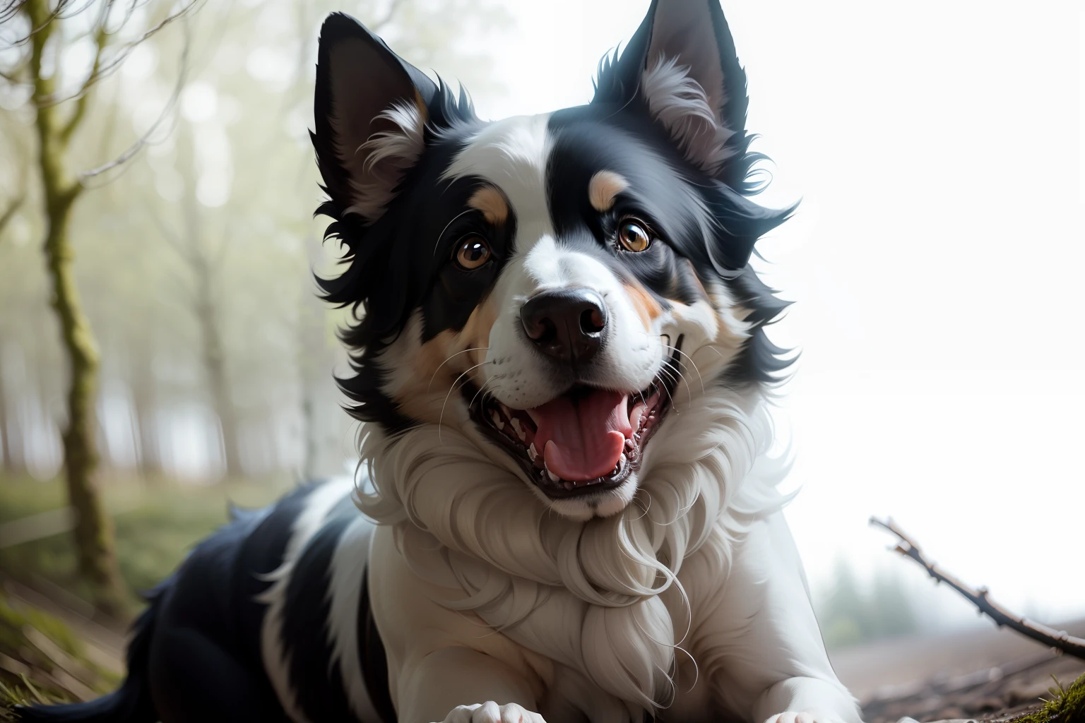 bluemere bordercollie, only black&white&gray fur, no brown fur, friendly bordercollie, lovely bordercollie at woods --auto