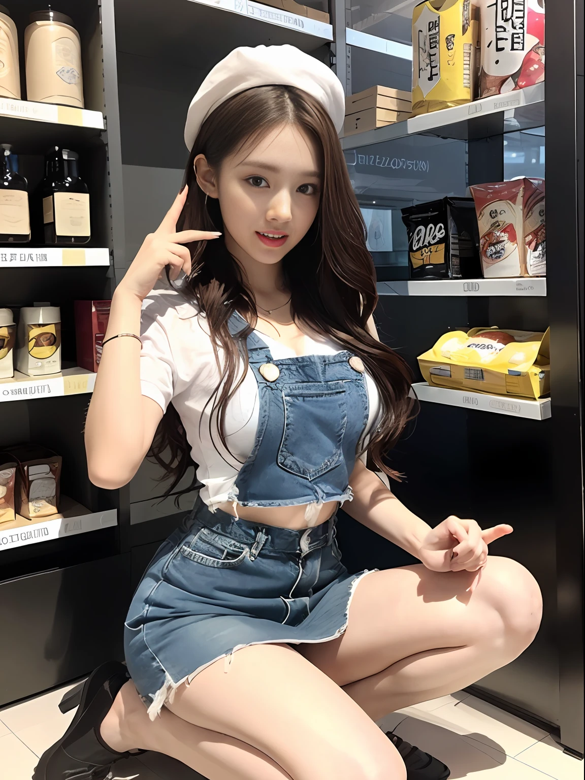 ((the best qualityt、8K、The Masterpiece:1.3))、a beautifu、The girls1People only、Big:1.3、dirk brown hair、Fast food restaurant clerk、(Sitting on a standing knee、Legs wide open:1.3)、A slight smile、hyperdetailed face、detailed finger,Highly detailed lips、Detailed eye、Double eyelidd、(Store uniforms)、miniskirts、 glowy skin、large bast、large bast、Sexy Poses、sexy facial expression、Make eye contact with the camera、