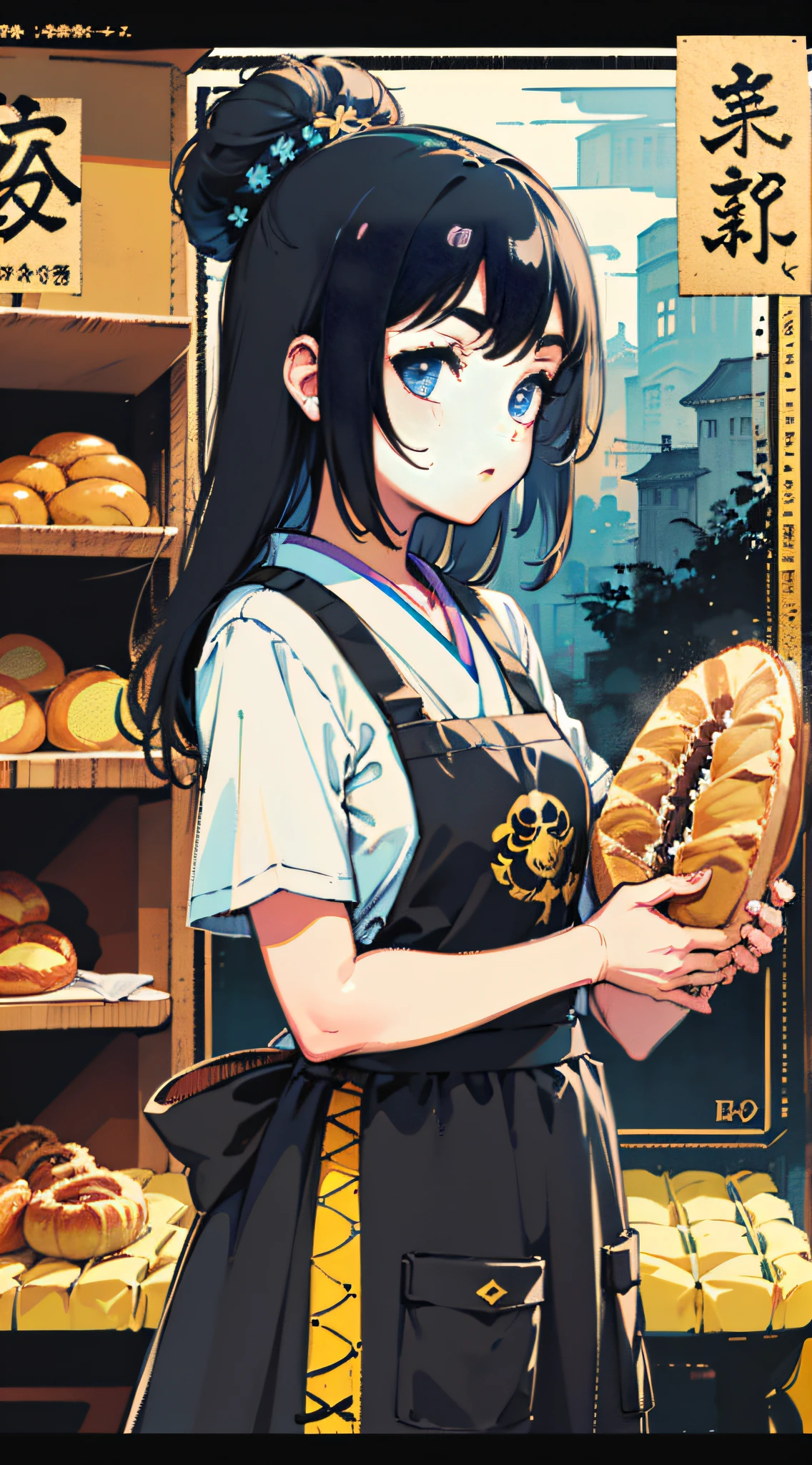 ((breads)),girl promoting breads, (girl wearing apron: 1), bakery, breads, ((croissant)), muffin, wheat, ((baguette)), Branding, vintage design, Blaxploitation movie poster, RZMINJOURNEY:0.6, design for t shirt, t shirt design, shirt, inspired by Yoshida Hanbei, inspired by Gatōken Shunshi, inspired by Yamamoto Shōun, inspired by Reuben Tam, inspired by Ravi Zupa, japanese inspired poster, inspired by Watanabe Shōtei, inspired by Tawaraya Sōtatsu,((Cozy Delight))