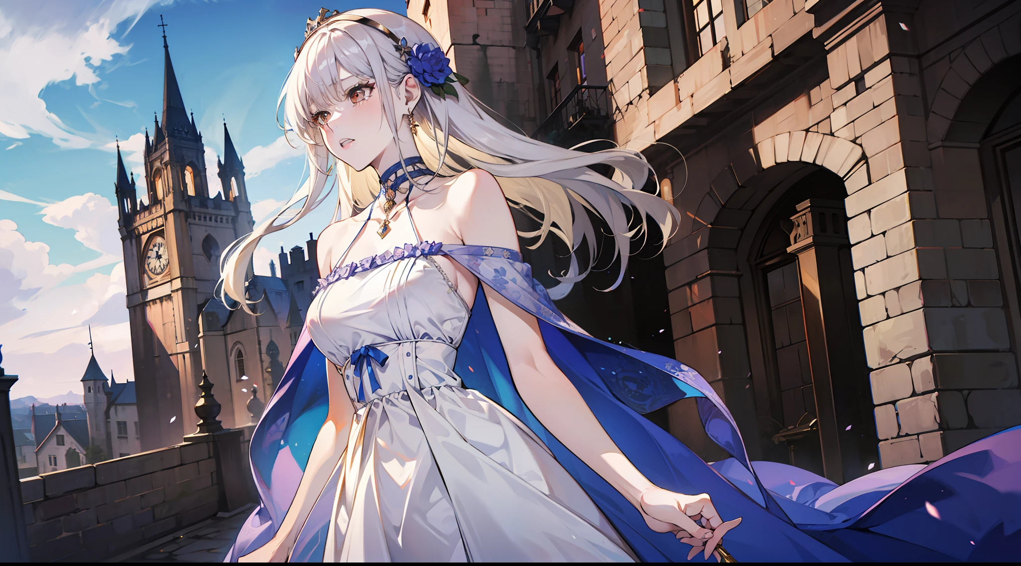 （absurdities，high - resolution），（the panorama），full - body，a a woman，mature，beautifull，Tall，The queen dresses，Lilac intricate dress，Exquisite，Brown eyes，pale blonde hair，Wears a silver crown on his head，Tears，magic，Delicate wand，Medieval town，castles