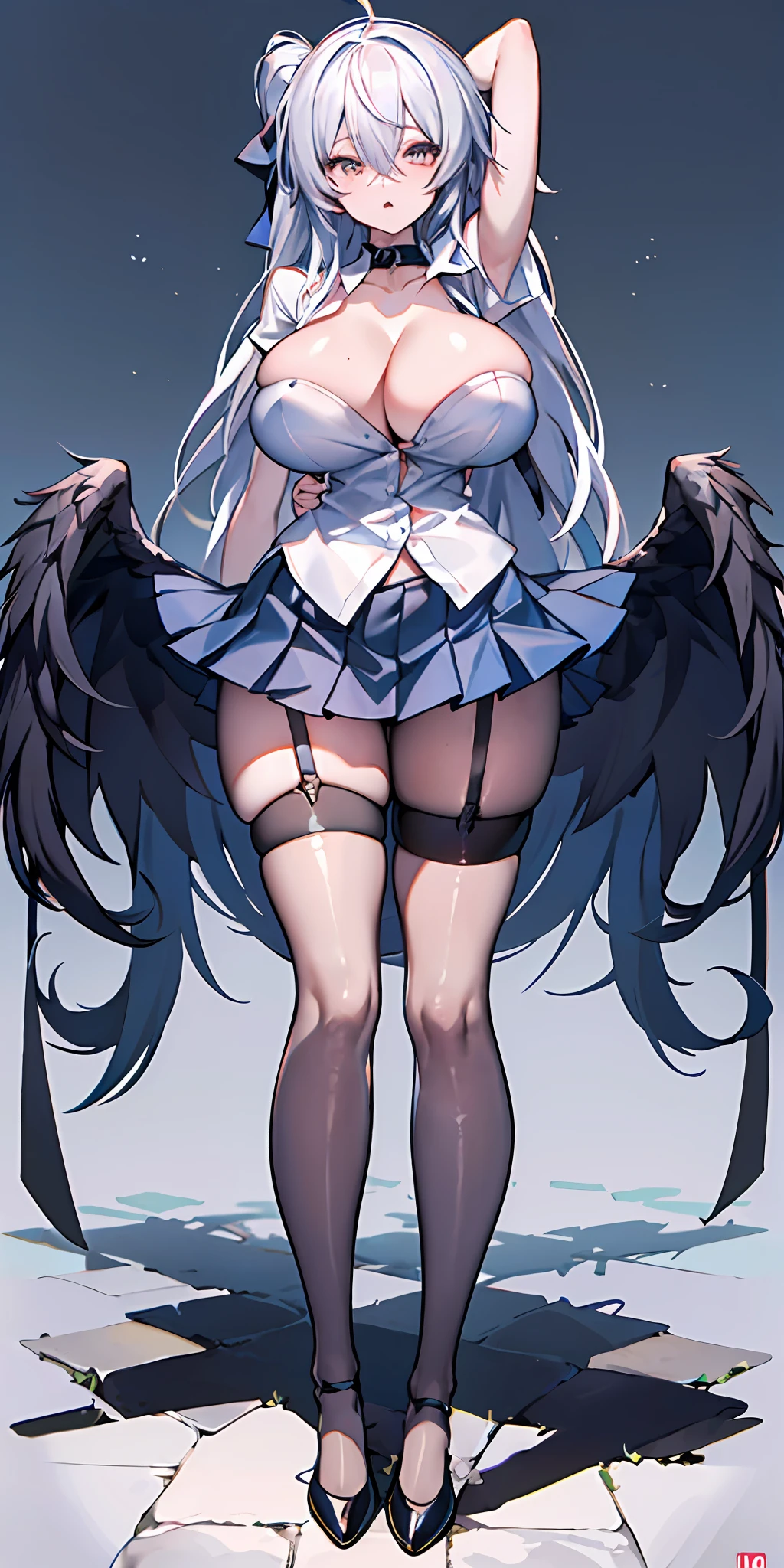 (Full body:1.2),(arms behind head:1.5),(opened legs:1.2),Cinematic lighting,look viewer,(Shiny skin:1.2),Shiny pantyhose,Beautiful face, Highly detailed,officlal art, Extremely detailed CG unity 8k wallpaper,Best quality,((Masterpiece)),(Detailed eyes1.2),absurdities, incrediblyabsurdres, hugefilesize,Ultra-detailed, Extremely detailed, Beautiful detailed girl, Beautiful detailed eyes,1 girl,(独奏:1.1),kawaii,only_shoulders,(White shirt:1.5),(Ultra short pleated skirt:1.2),((tight garter_leather belts)),(black legwear:1.2),heart in eye,Long hair,(White hair:1.2),Striped hair,Confusion_the hair,(Huge:1.2) breasts,the hair_Bow,Collar,Thick coating,The Face of the Anime Goddess,proud,Tight thighs,between breasts,breasts apart,(Stand:1.5),Devil figure,((Tilt the upper body forward )),( from a bottom-up perspective)