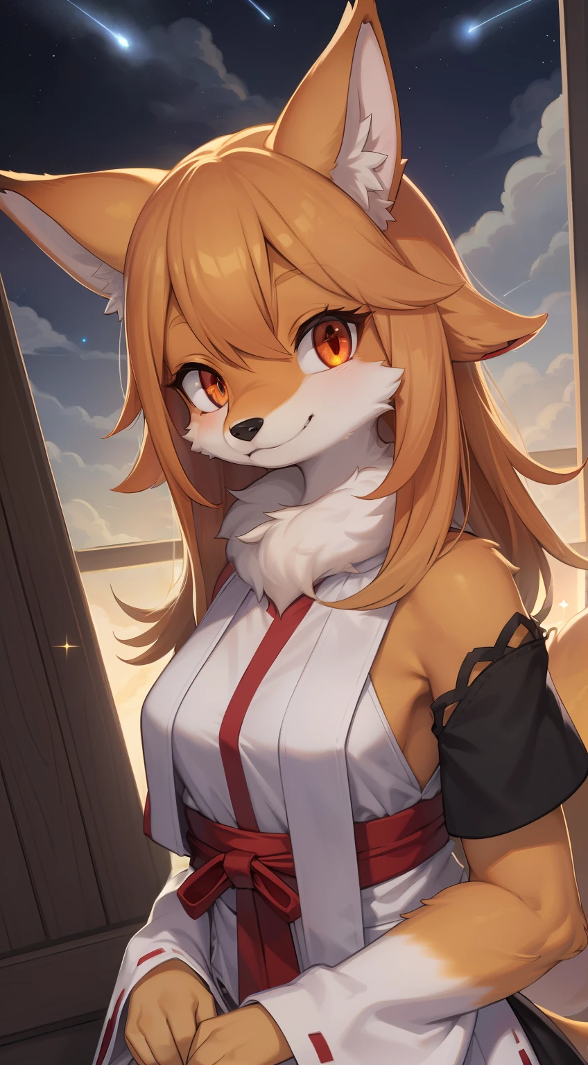 girl fox，was hairy，shaggy，Golden fur，Golden yellow face fur,long  hair，Glowing eyes, Cinematic lighting, Sparkle, reflected light，Red eyes，Super cute face，Brown elements on fur，miko，Beautiful lights and shadows，Ambient light，Ultra-fine fur，Volumetric light，Night,Clouds and stars in the sky,The sky outside is starry ,shooting stars,natural day light，Smile with，Fluffy tail，