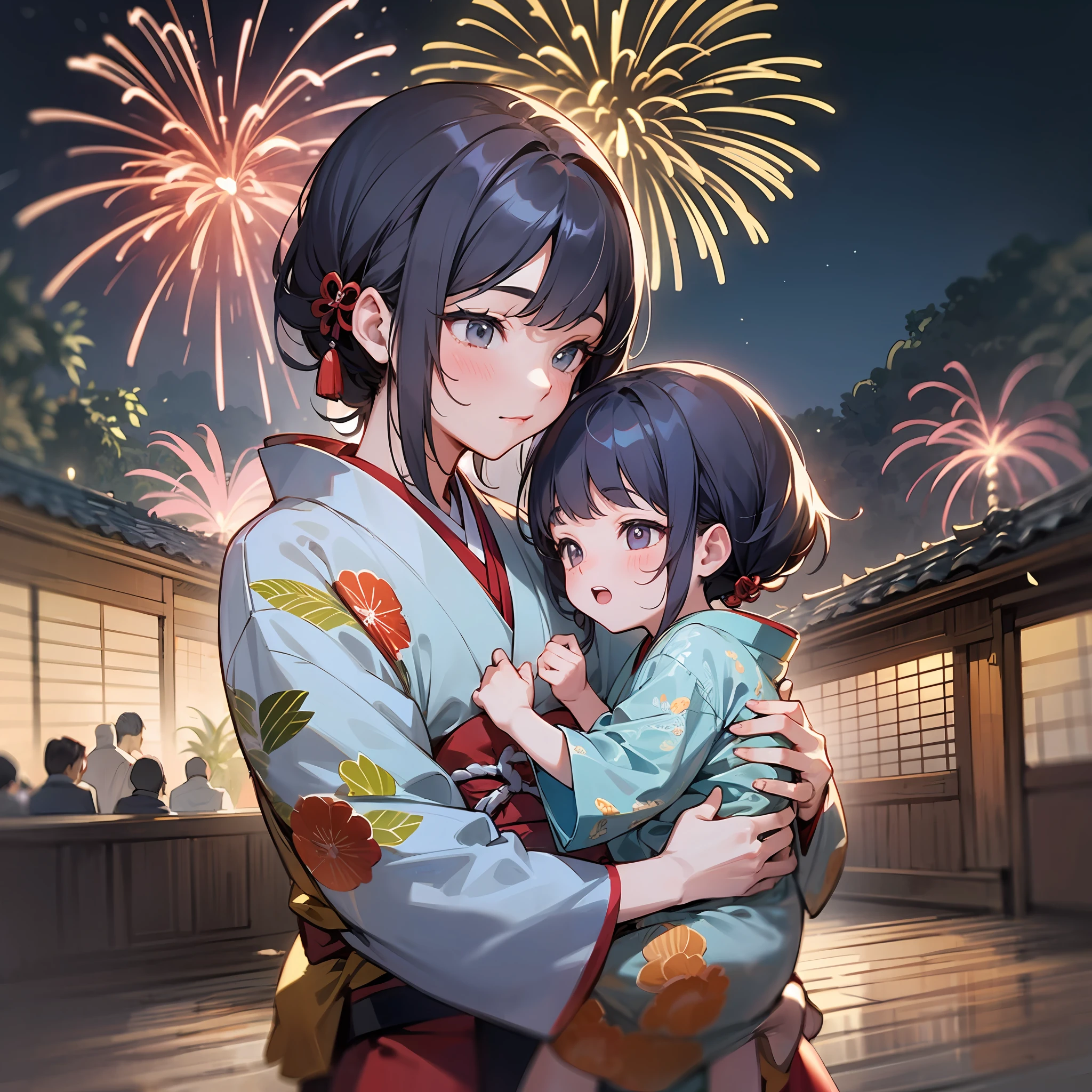 A mother holding her child at a fireworks display to make it easier to see the fireworks, traditional japanese concept art, [ Fireworks in the sky ]!!