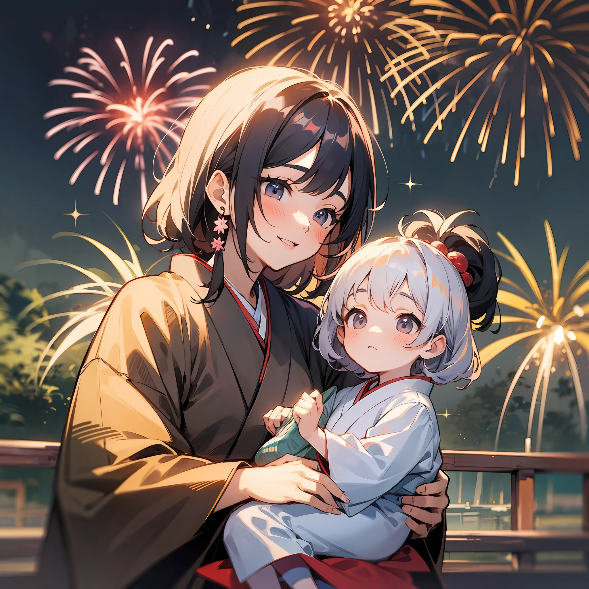 A mother holding her child at a fireworks display to make it easier to see the fireworks, traditional japanese concept art, [ Fireworks in the sky ]!!