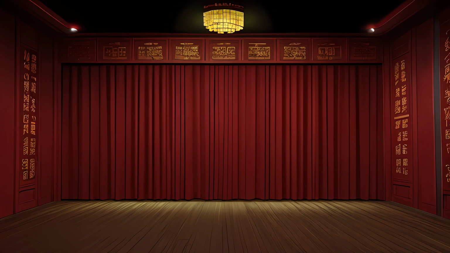 Red background stage, Chinese style, Auspicious cloud pattern, Wooden flooring, Gold accents, End of the theater stage, Heads-up, vanishing point, 135mm, ray tracing, panorama, UHD, ccurate, highres, best quality, super detail, award winning, masterpiece
