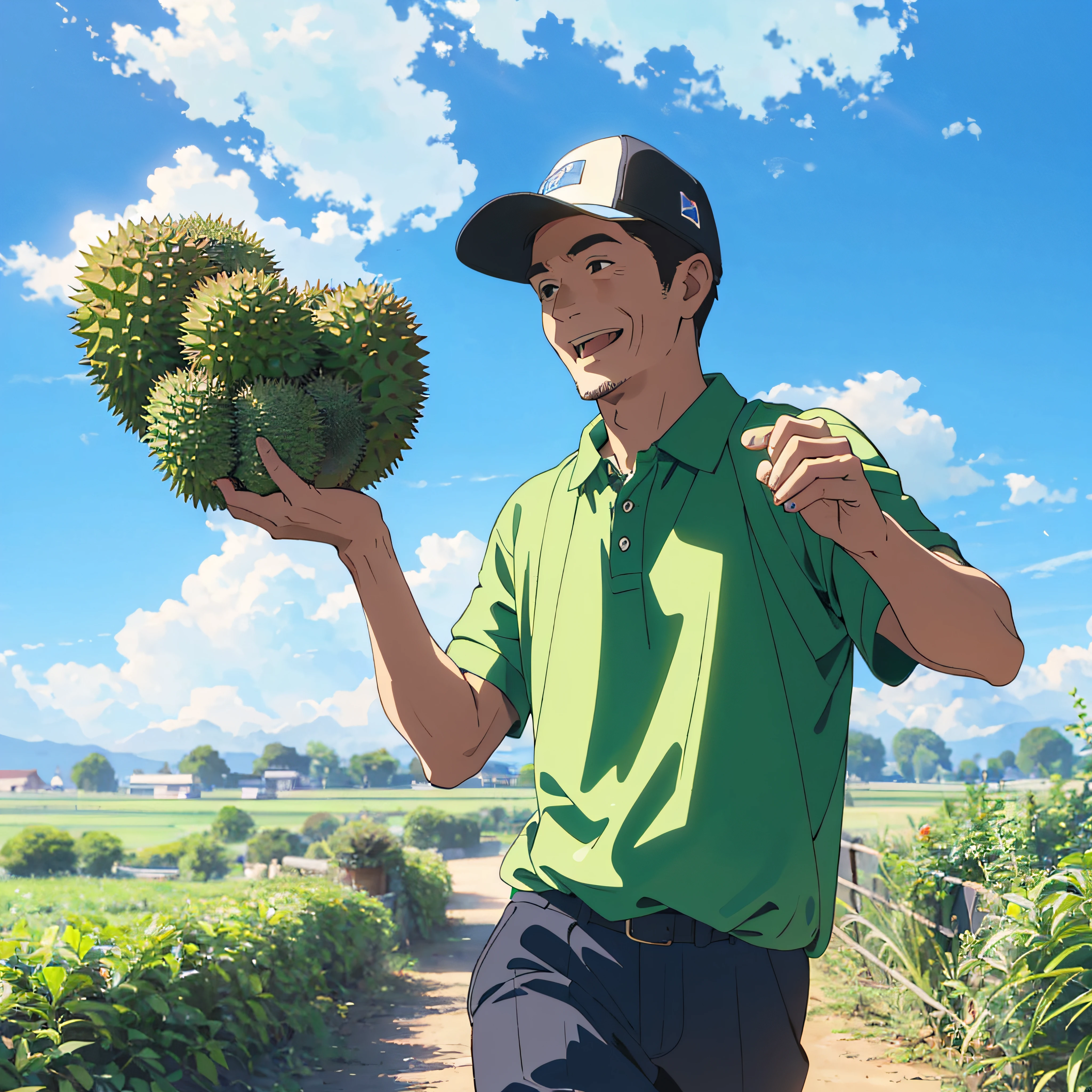 handsome farmer uncle picking durian, beautiful scenery, durian garden, clear picture quality, blue sky, ((wearing green polo)), ((wearing black cap)), (happy face), beautiful sky with cloud, full body, farmer unble holding Ipad in thier hands, walking to viewer