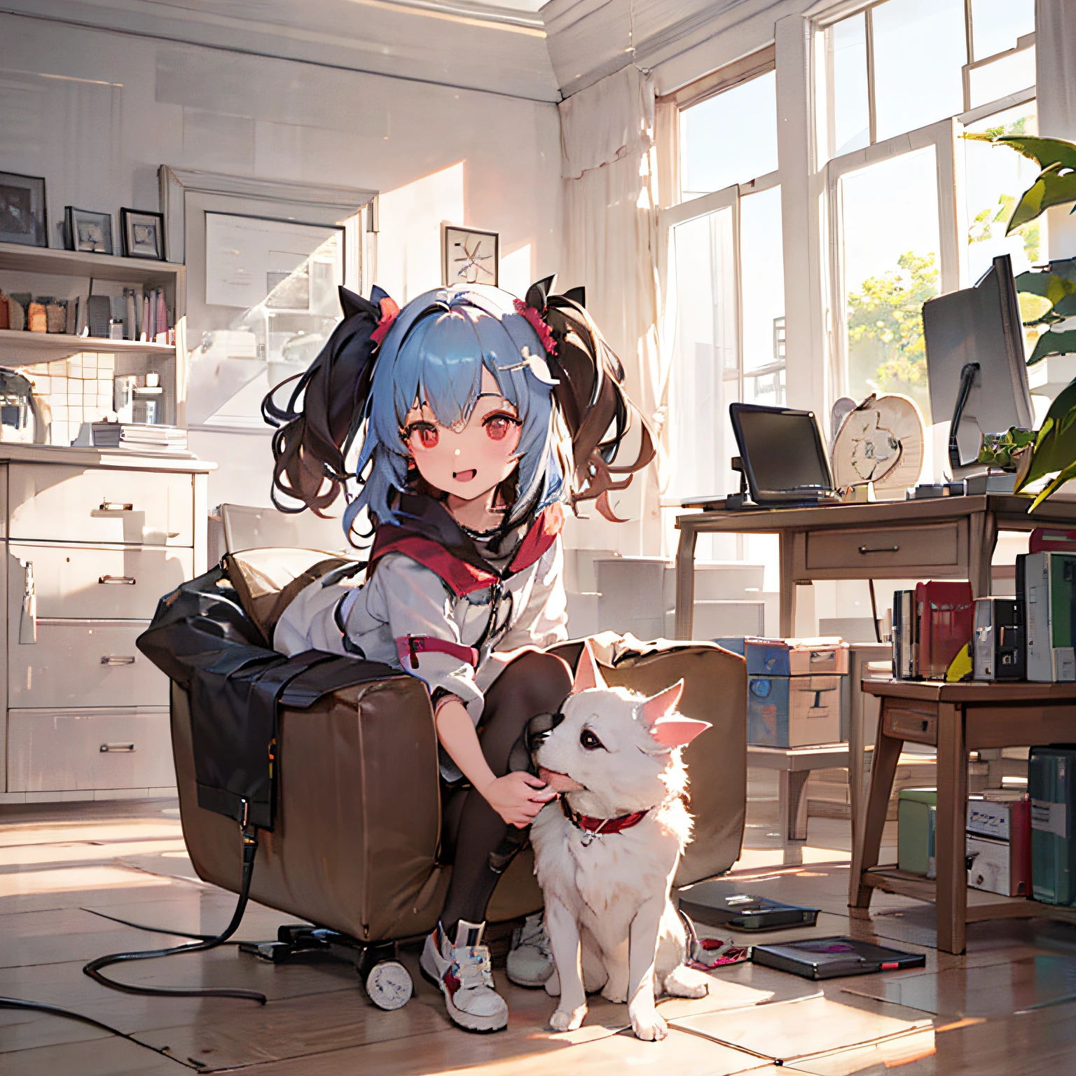 there is a dog that is sitting in a box on the floor, cute detailed digital art, adorable digital painting, by Yang J, trending on artstation pixiv, cute detailed artwork, guweiz on pixiv artstation, author:Ryan Yee, Guweiz on ArtStation Pixiv, high detailed official artwork, detailed fanart, adorable digital art, High-quality fanart