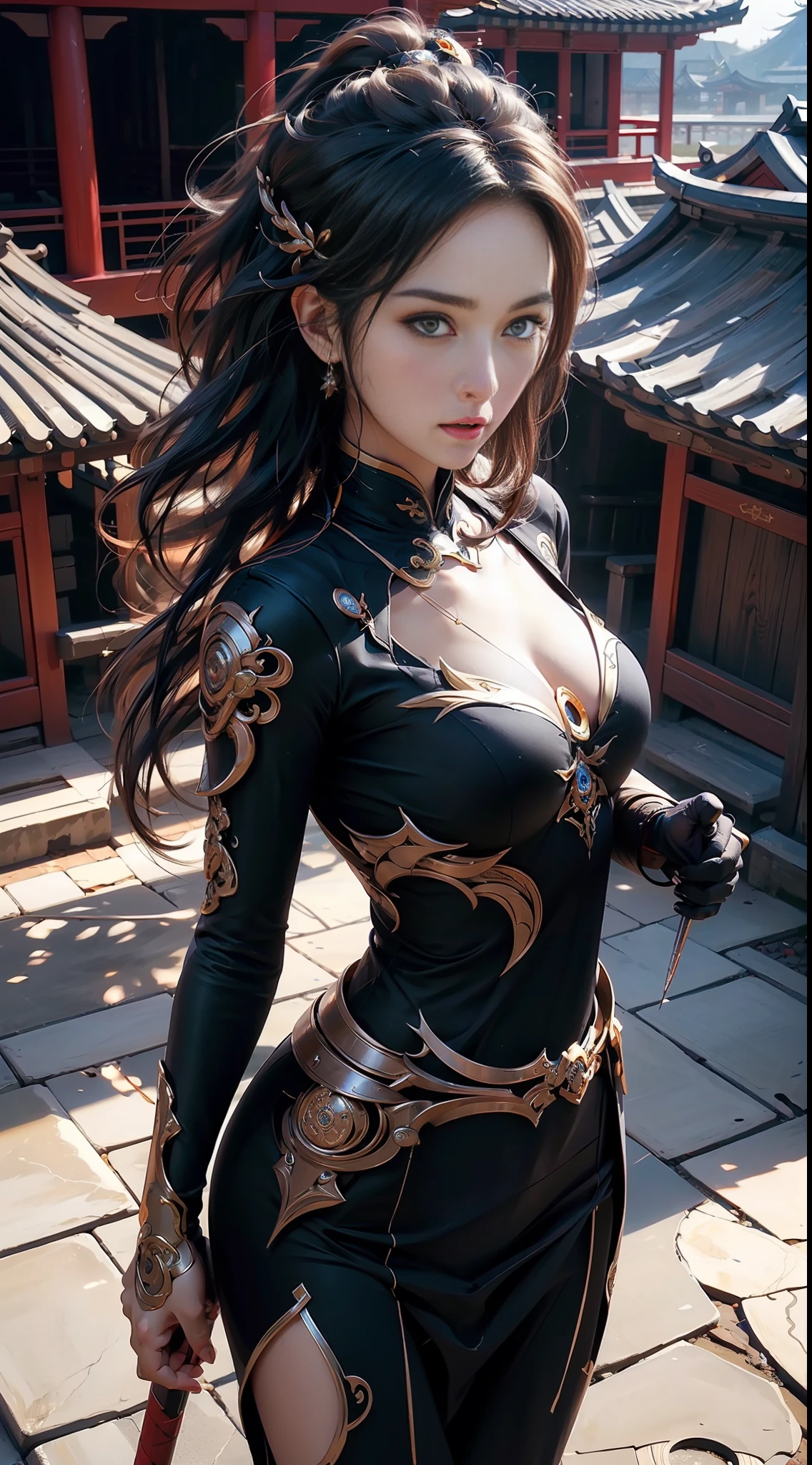 Best quality,masterpiece,ultra high res,(photorealistic:1.4),xiuxian,weapon,Detailed face,.1girl,solo,weapon,cleavage,(magic circle:1.2),xiuxian,upper body,Beautiful girl,full body,east asian architecture,sheath,architecture  .