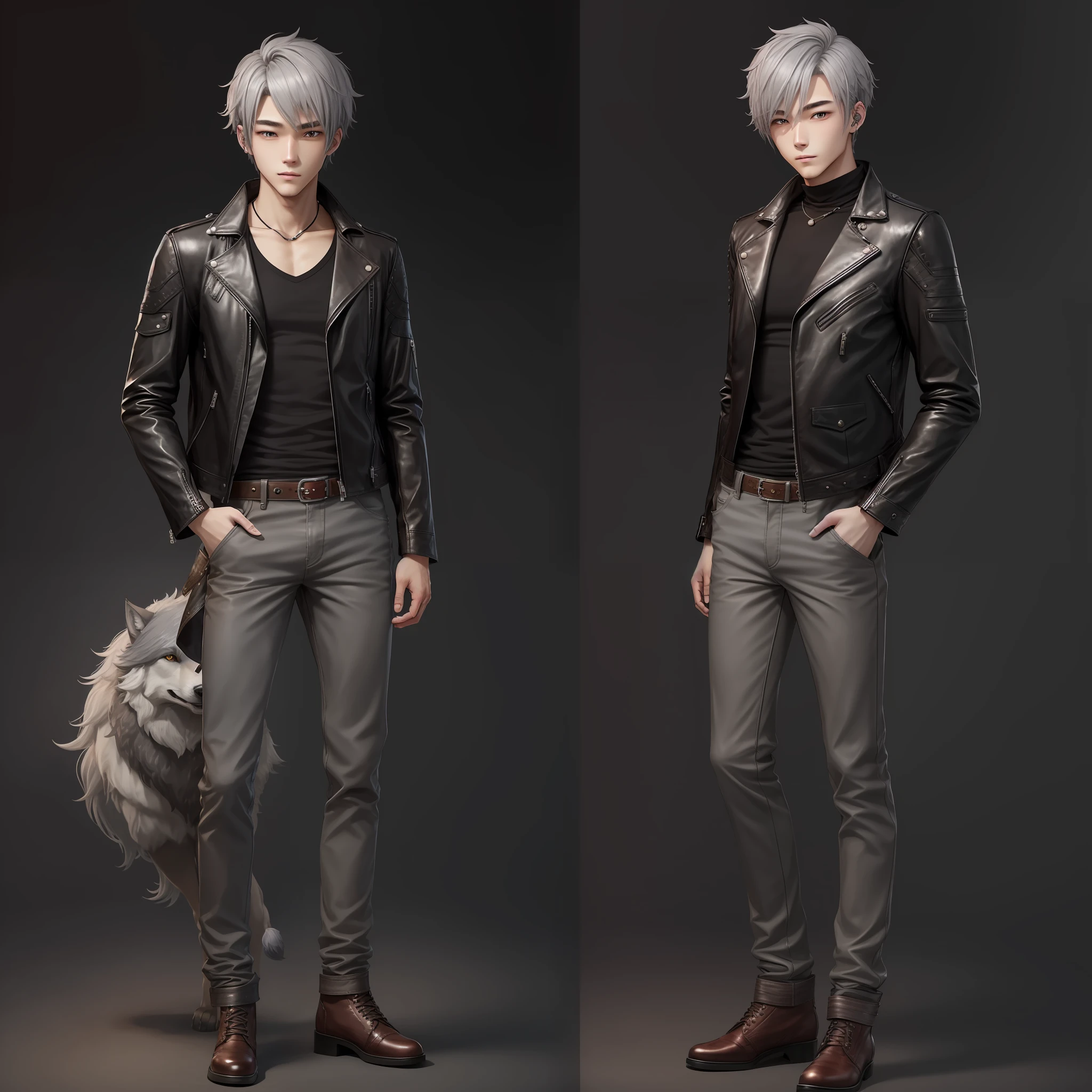1 male、19-year-old、Beautiful Boy、Height 186cm、full bodied、front facing、Visual kei、Short leather jacket、Long half-up wolf with gray hair、