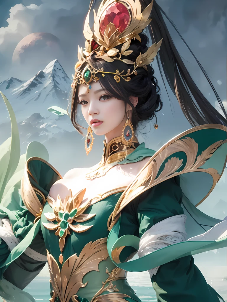 Close-up of a woman wearing a golden crown in a dark green dress, Dark green eyeballs,a beautiful fantasy empress, inspired by Lan Ying, queen of the sea mu yanling, ((a beautiful fantasy empress)), inspired by Ju Lian, inspired by Pu Hua, inspired by Du Qiong, Beautiful character painting, by Yang J, Ruan Jia and Artgerm
