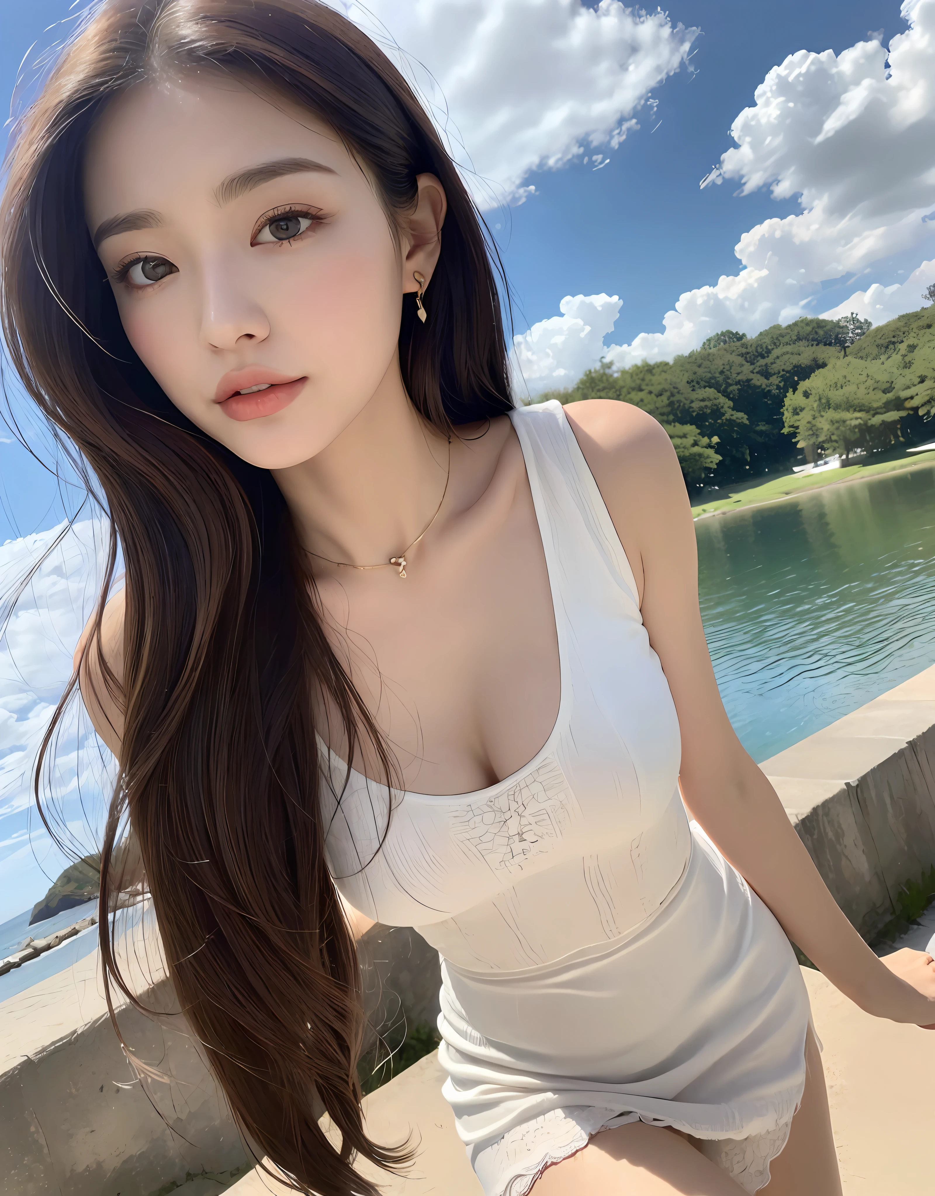 (Daytime, Excellent, 8K, Masterpiece:1.3)), Full body, Long legs, Focal length: 1.2, Perfect Body Beauty: 1.4, Slim Abs: 1.1, ((Dark Brown Hair, Big Breasts: 1.2 )), (White Dress, Standing: 1.2), ((Sea, Blue Sky and White Clouds: 1.3)), Highly detailed facial and skin texture, Delicate eyes, Double eyelids, Flying long hair, cute
