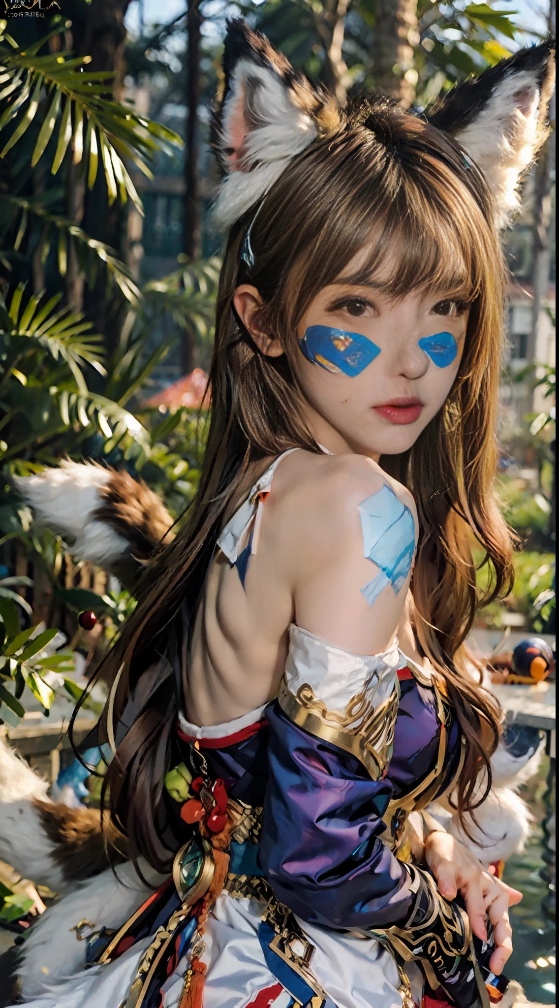 1 Girl, Fox, Fox \ (League of Legends), K/DA \ (League of Legends), Animal Ears, Face Markers, Fox Ears, Fox Tail, Orange Eyes, Multiple Tails, Tail, Water Protection