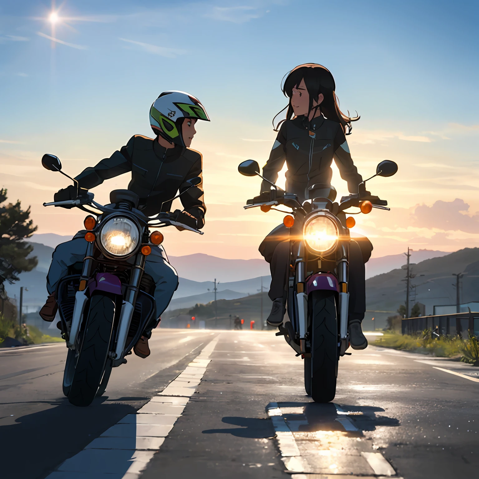 Rabbit-eared girl Riding a motorcycle horizon roads wind blow The sun is dazzling --auto