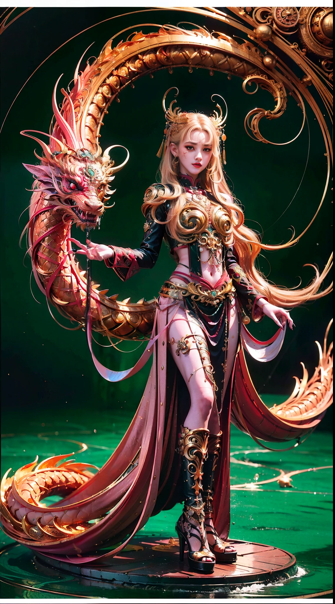 （8k，raw photo，best quality, masterpiece: 1.2, intricate details, wallpaper, ultra high res), (realistic), a very exquisite and beautiful girl, very detailed, amazing, with exquisite details, official art, super detailed, high-level, beautiful details girl, with a radiant face, A girl standing in front of a dragon, full body, long dragon, (floating blonde hair), jade water book, water, waves, full of water energy, all mechanical, pink mechanical, MIX4,Chinese style