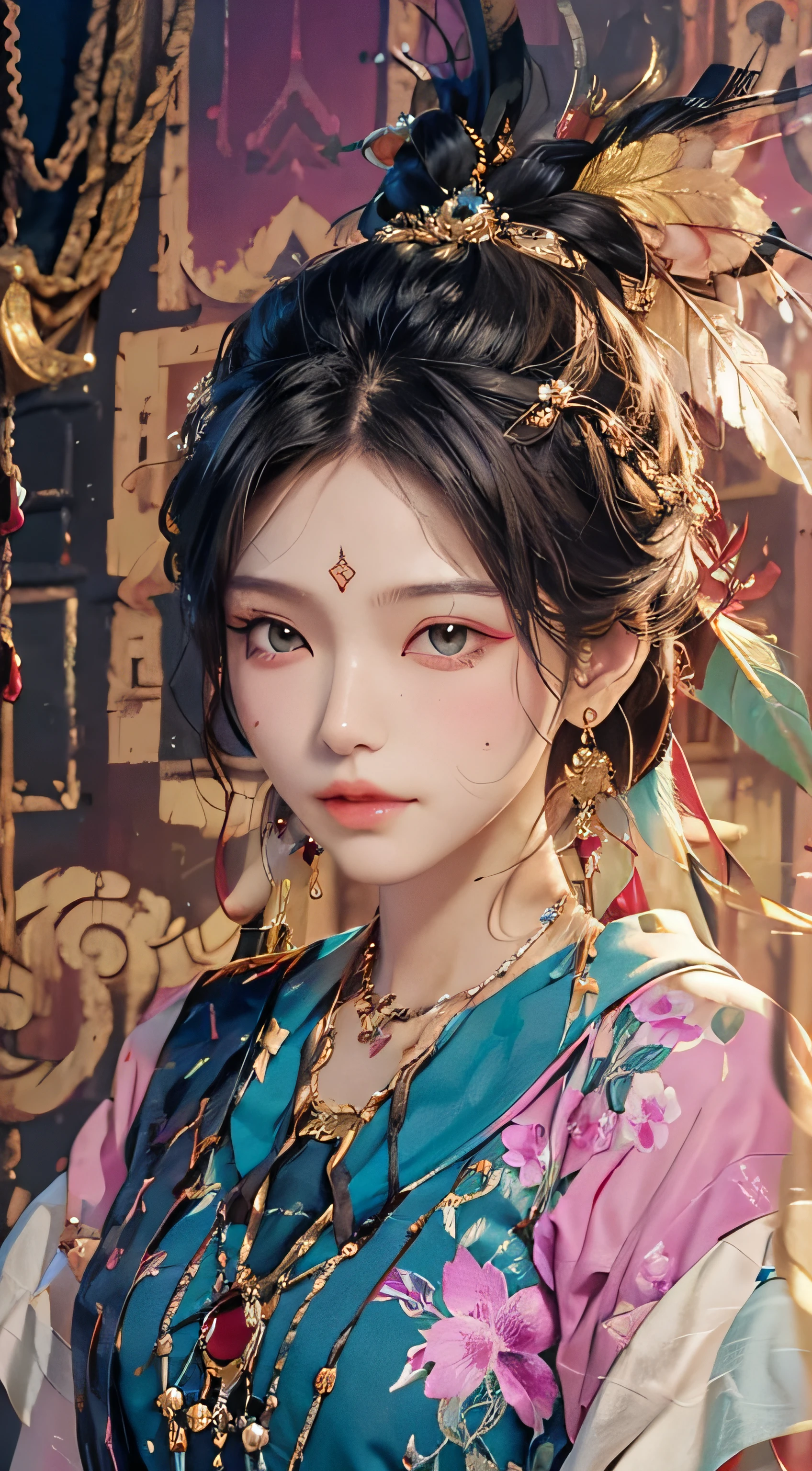 (shiny skin), (multiple colors: 1.4), (feathers: 1.5), (earrings),