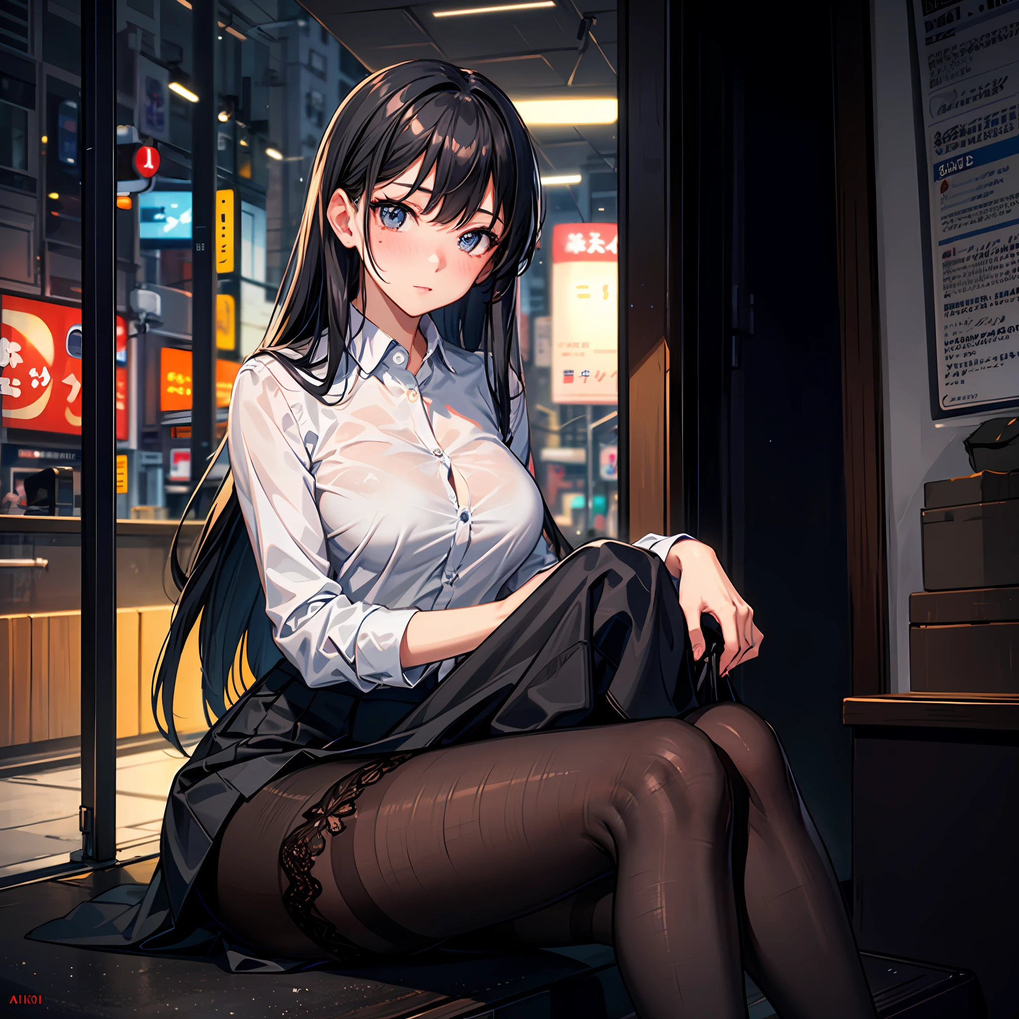 ((best quality)),((masterpiece)),((detailed)),(ultra high res),(Highly detailed),(Vivid Colors),1girl,office lady,solo,beautiful detailed eyes,medium breasts,light blush, black hair, long hair, (mole under eye:0.8), nose blush,looking at viewer,suits,white shirt,striped miniskirt, (lace black pantyhose:1.2), black heels,thighhighs,spread legs,sitting,street,shop border,akihabara,tokyo,tree,rain,cloudy,beautifully detailed background,depth of field,ambient light, (cinematic composition:1.3),neon lights,HDR,Accent Lighting,