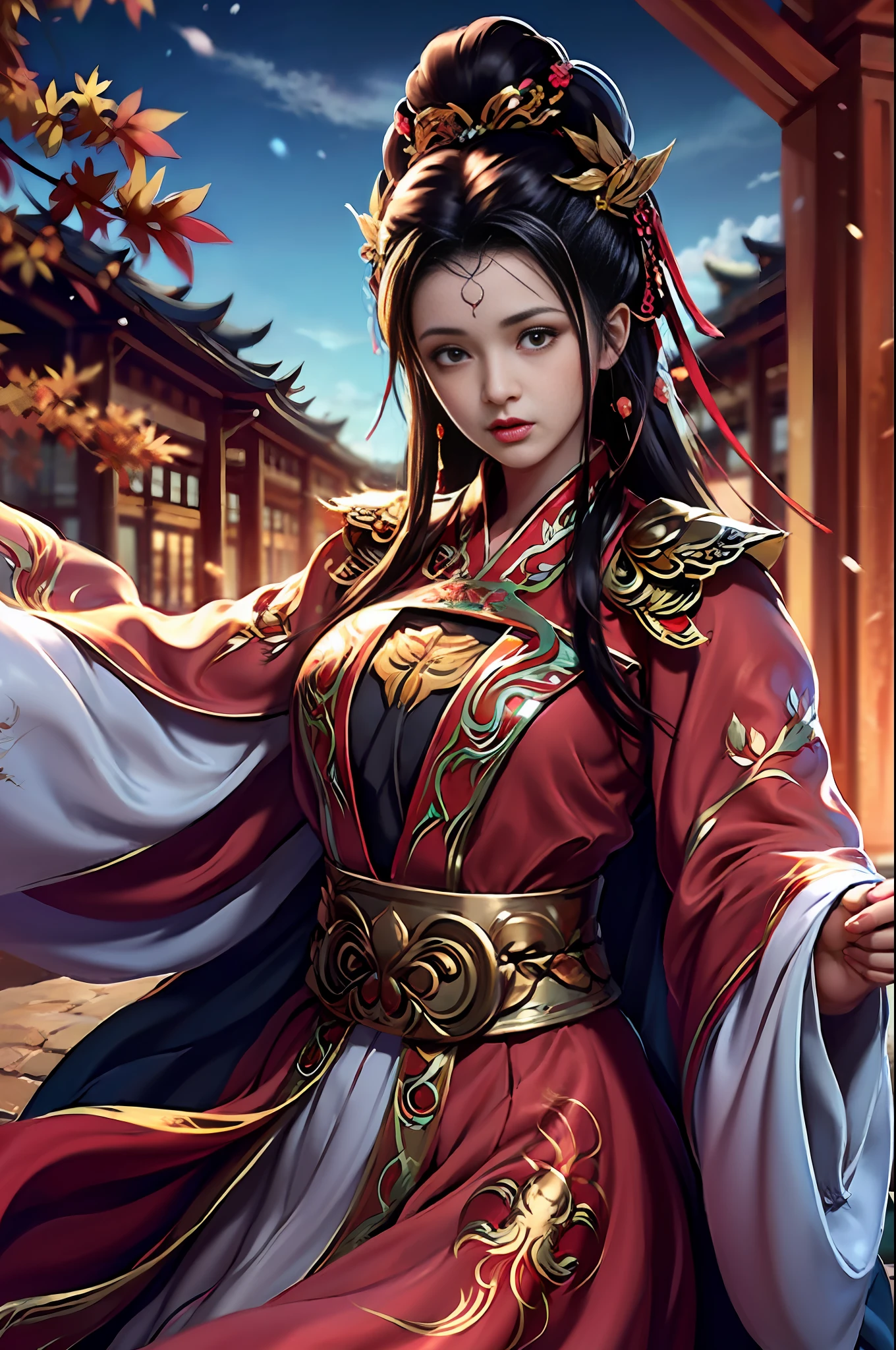 Official Art, Unity 8k wallpaper, super detailed, beautiful, beautiful, masterpiece, best quality, mystery, romanticism, horror, literature, art, fashion, Tang dynasty era, decoration, intricate, embroidery, red hanfu, red tulle coat, 1 girl, black hair, red headband, red hairpin, sad, fatalistic, bust composition, dramatic composition, movie lighting, dynamic perspective, sexy, nudity, full of temptation, red maple forest, maple leaves falling, red maple background, cloudy fog, dramatic composition,