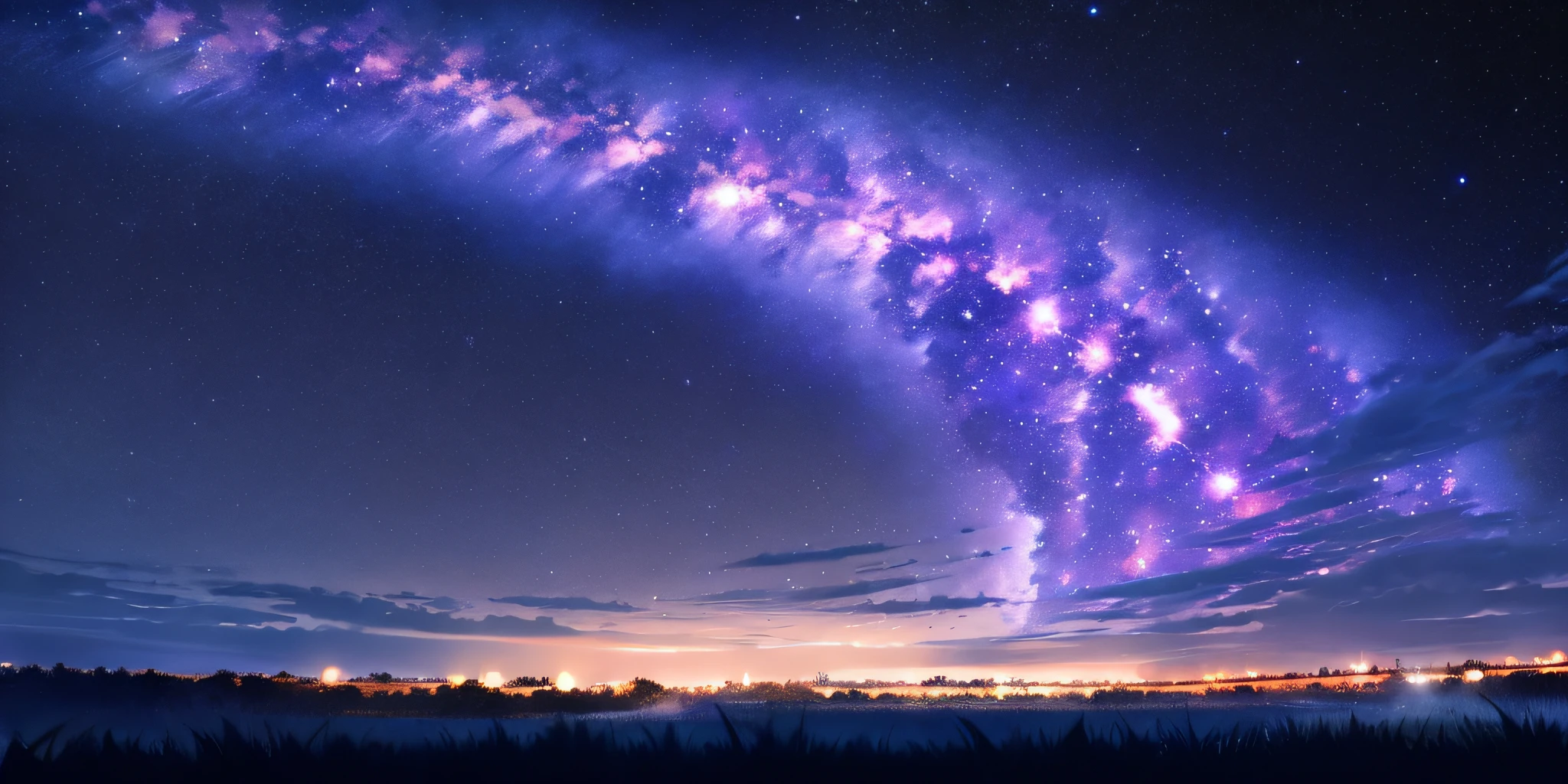 purple and blue stars shine brightly in the night sky above a lake, starry sky 8 k, 4k anime wallpaper, cosmic sky. author：shinkai, Anime landscape wallpaper, galaxy in the sky, Anime Sky, Star(Sky) Starry_Sky, endless cosmos in the background, moonlit starry sky environment, Anime wallpaper 4 k, amazing wallpaper