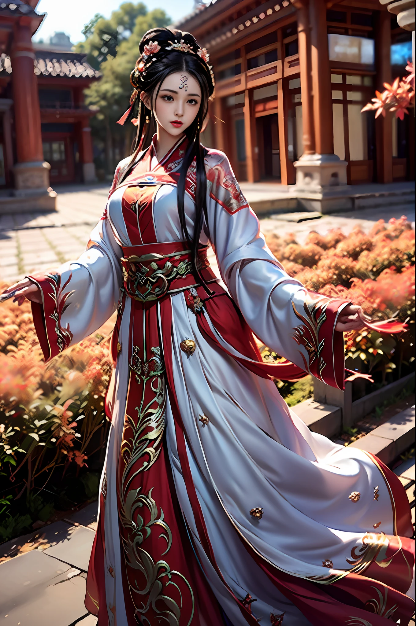 Official Art, Unity 8k wallpaper, super detailed, beautiful, beautiful, masterpiece, best quality, mystery, romanticism, horror, literature, art, fashion, Tang dynasty era, decoration, intricate, embroidery, red hanfu, red tulle coat, 1 girl, black hair, red headband, red hairpin, sad, fatalistic, bust composition, dramatic composition, movie lighting, dynamic perspective, sexy, nudity, full of temptation, red maple forest, maple leaves falling, red maple background, cloudy fog, dramatic composition,