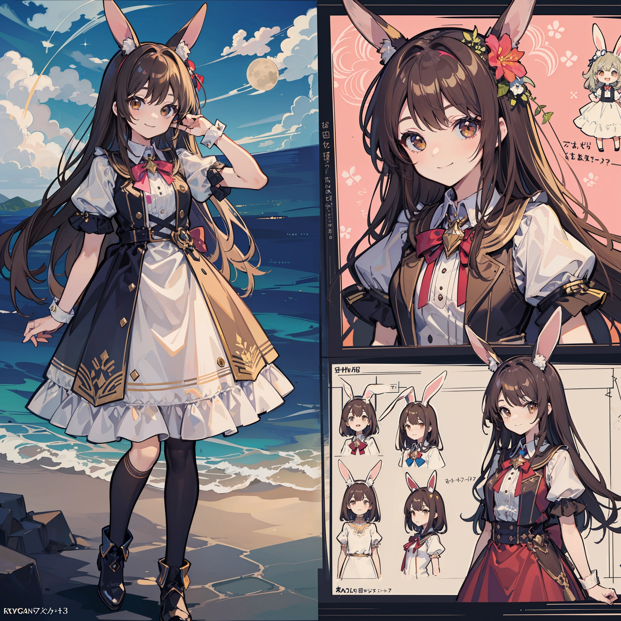 masterpiece,best quality, (ultra-high resolution)(delicate illustration),
1girl,(13 years old), solo, animal ears, knees up, dress, rabbit ears, short sleeves, puffy sleeves, puffy short sleeves long hair, (smile), brown hair, brown eyes, (summer dress),(standing)
BREAK,(moonlight)(starry sky),(bloom),
BREAK(depth of field:1.5),portrait
BREAK,(three view drawing:1.5),(character sheet:1.4),(concept art:1.4)