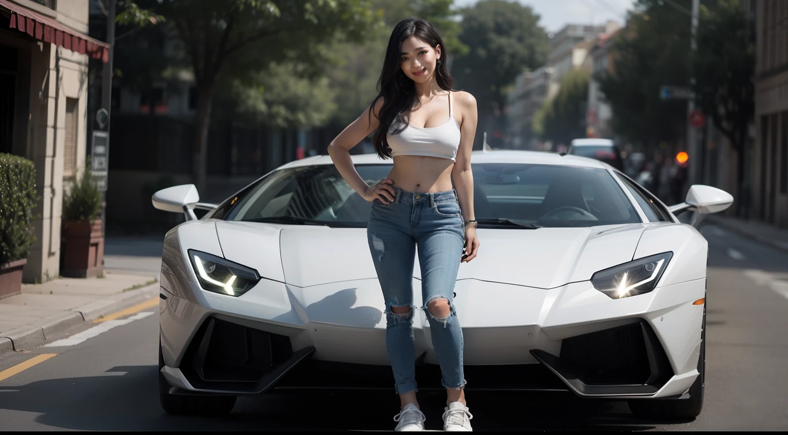 （（full - body）：1.5）（（{There is only one woman}：1.2）：{（（（Wear jeans，White clothes，Wear AK sneakers）1.2），（（Long black hair that falls to the shoulders，shiny glistening eyes）1.3），（（Pose erotically in front of a Lamborghini，looks at the viewer，Smile with）：1.3），（（（very huge breast）：1.2）}， \n （（{In front of Lamborghini，Morning）：1.3），photorealestic， 16k， （（best qulity， high detaild）：1.4）， The Masterpiece， Ultra HDR