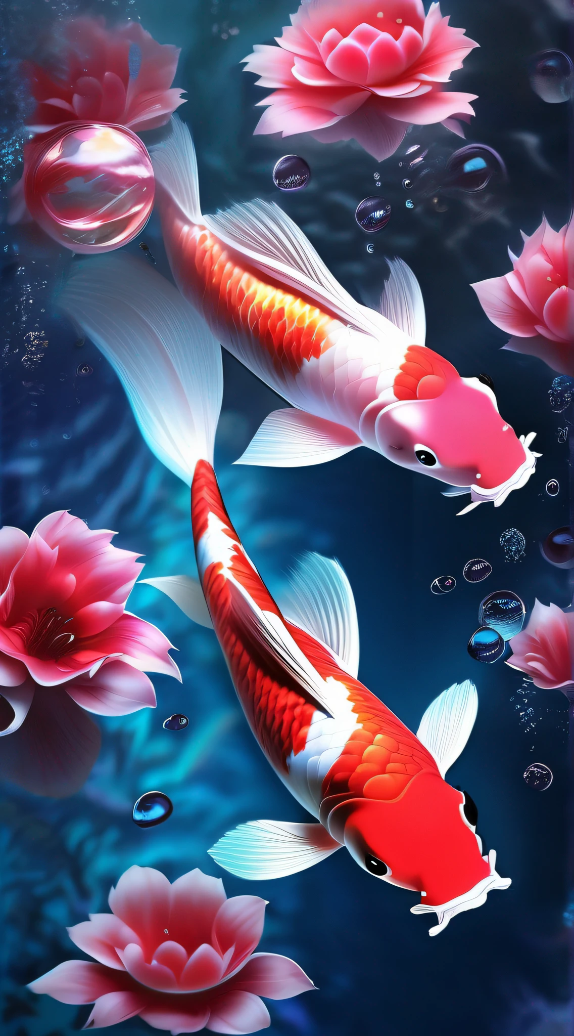 Koi,Realistic large koi,Perfect swimming,Dynamic photography。Red peony,独奏,lilie,Underwater,Underwater,Under water,water droplet,Water,transparent,The ultra-Realistically,CG Digital rendering,Science fiction,masterece-piece,The ultra-Realistically,it is crystal clear,High-pole color,Advanced composition。Bright。《Sparkling》《Bright》。The perfect color,The light is bright and soft。Diamond-like color,Transparent and translucent。 air bubbles,Bubbles,foam,coral,Red coral,