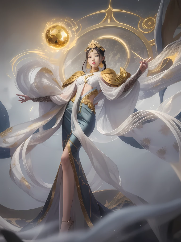 a woman in a white dress holding a golden ball, Exquisiteface,queen of the sea mu yanling, a beautiful fantasy empress, inspired by Lan Ying, by Yang J, inspired by Ju Lian, Goddess of Light, Onmyoji detailed art, the goddess hera looking angry, full body xianxia, flowing white robes, goddess of wisdom, goddess of time