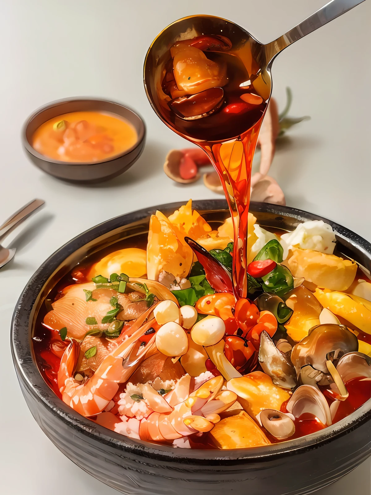 Close-up spicy mix, seafood mushrooms, small octopus, red oil, shrimp, green peppercorns, sixty-sixth century pepper, green vegetables, bok choy, tofu puffs, super realistic food pictures, the complete subject shown in the photo, a spoon is pouring into a bowl Red Oil, Randy Post, hyper realistic ", hyper realistic", high res photo