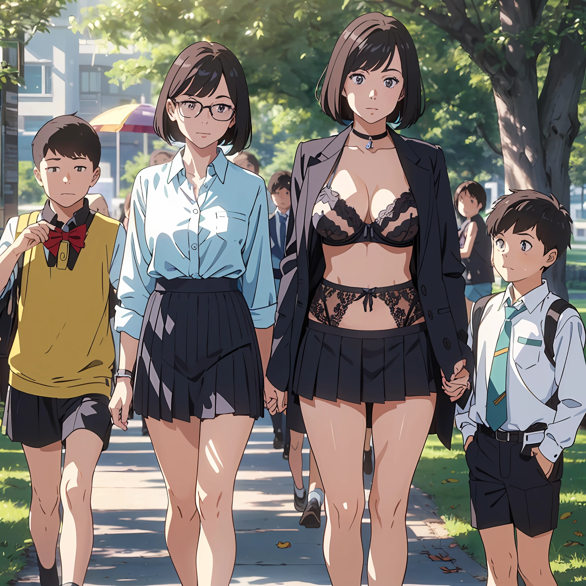 (((((incredibly ridiculous)))), ((absurd)), anime style, (one adult female teacher and three little boys),Standing together in the park,One female teacher and three male elementary school students are together,((Female teacher in lingerie)),((Pante)),((Bra))), lingerie, Three Boys Elementary School Students Dress Casually, (Large Buttocks:1.2),Bob Cut, Natural Lighting,(Female Teacher No Skirt),(Female Teacher No Blouse), --auto --s2