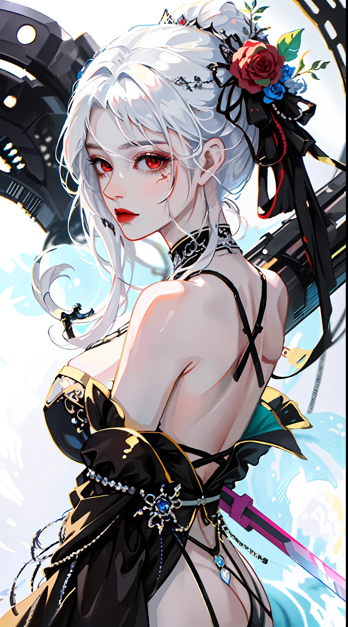 cropped torso upper body,High saturation,(((Futuristic swordsman))),Perfect female body,Side ponytail,White_Hair,Red eyes,arms behind her back,Black collar，Black gauze dress，Red rose hair ornament，Black gauze tiara，Expose the back，Stand sideways，Gothic_Lolita,((White background)),(((detailed manga illustration))),(((with their intricate details))),masterece-piece