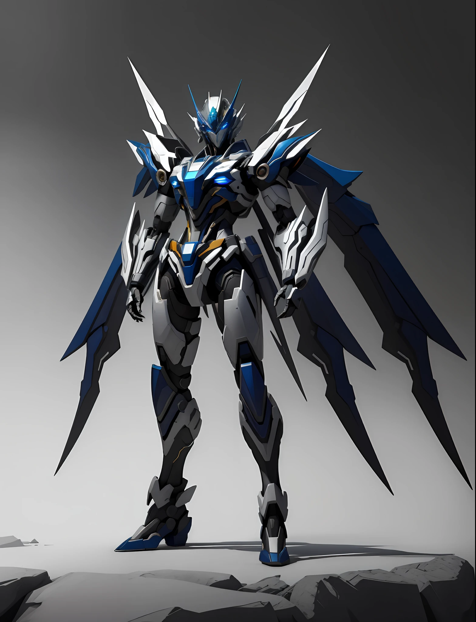 robot, Top quality, high detiel, Ultra detail, Masterpiece, 8k壁紙, white theme, Blue eyes, absurdities, High resolution, ultra-fine illustrations, absurdities, 独奏, Game CG, Lord, Night, (Black light: 1), (detailed beautiful face and eyes: 1.0), (full body feminine form: 1.5), command spell, Mecha girl, mask, mechanicalparts, robotjoints, , Full armor, (Full body: 1.5), Shining eyes, Mechanically, Standing, watching the viewer, Skinny, mechanical wing,