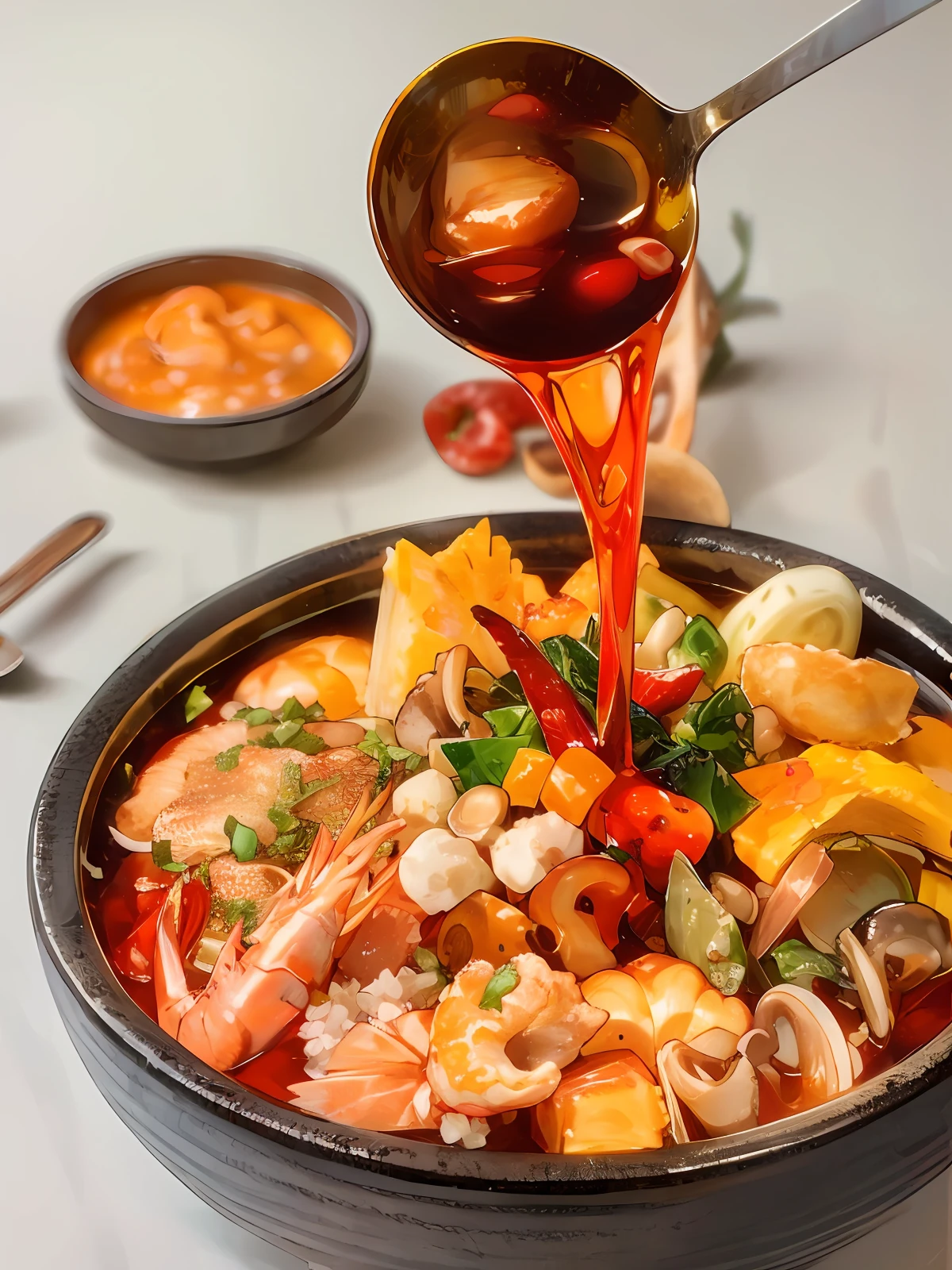 Close-up spicy mix, seafood mushrooms, small octopus, red oil, shrimp, green peppercorns, sixty-sixth century pepper, green vegetables, bok choy, tofu puffs, super realistic food pictures, the complete subject shown in the photo, a spoon is pouring into a bowl Red Oil, Randy Post, hyper realistic &quot;, hyper realistic&quot;, high res photo