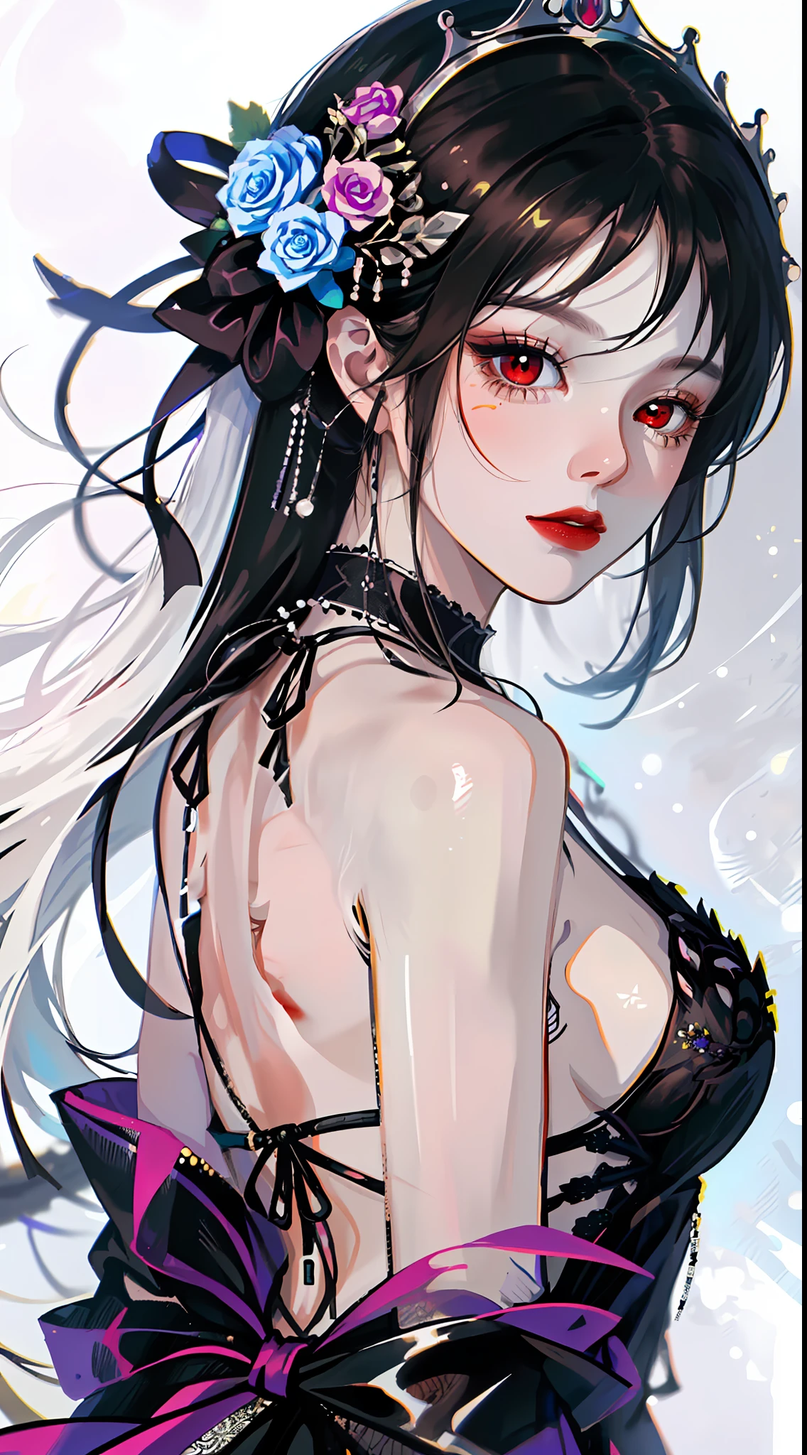 cropped torso upper body,High saturation,(((Futuristic swordsman))),Perfect female body,Side ponytail,White_Hair,Red eyes,arms behind her back,Black collar，Black gauze dress，Red rose hair ornament，Black gauze tiara，Expose the back，Stand sideways，Gothic_Lolita,((White background)),(((detailed manga illustration))),(((with their intricate details))),masterece-piece
