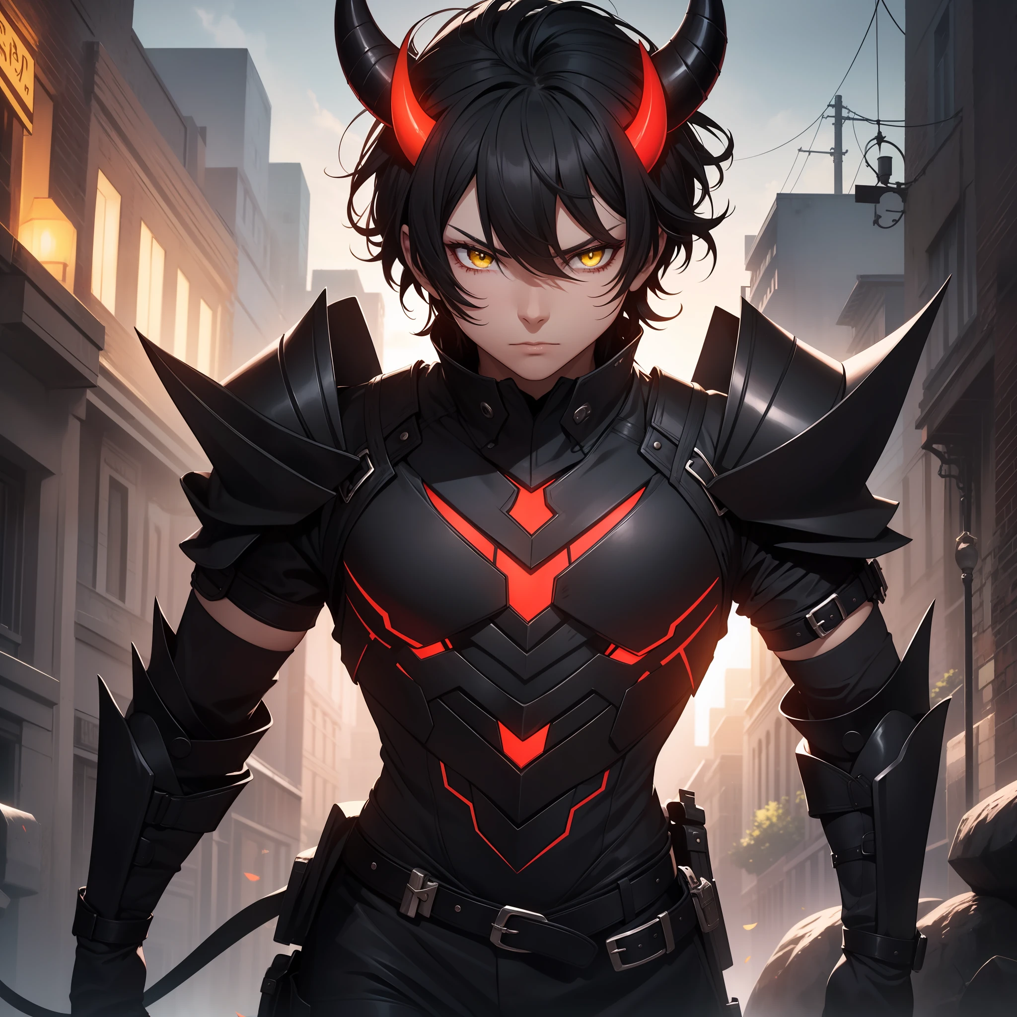 solo male, black hair, short hair, yellow eyes, red skin, demon, horns, black armor, black gloves, black boots