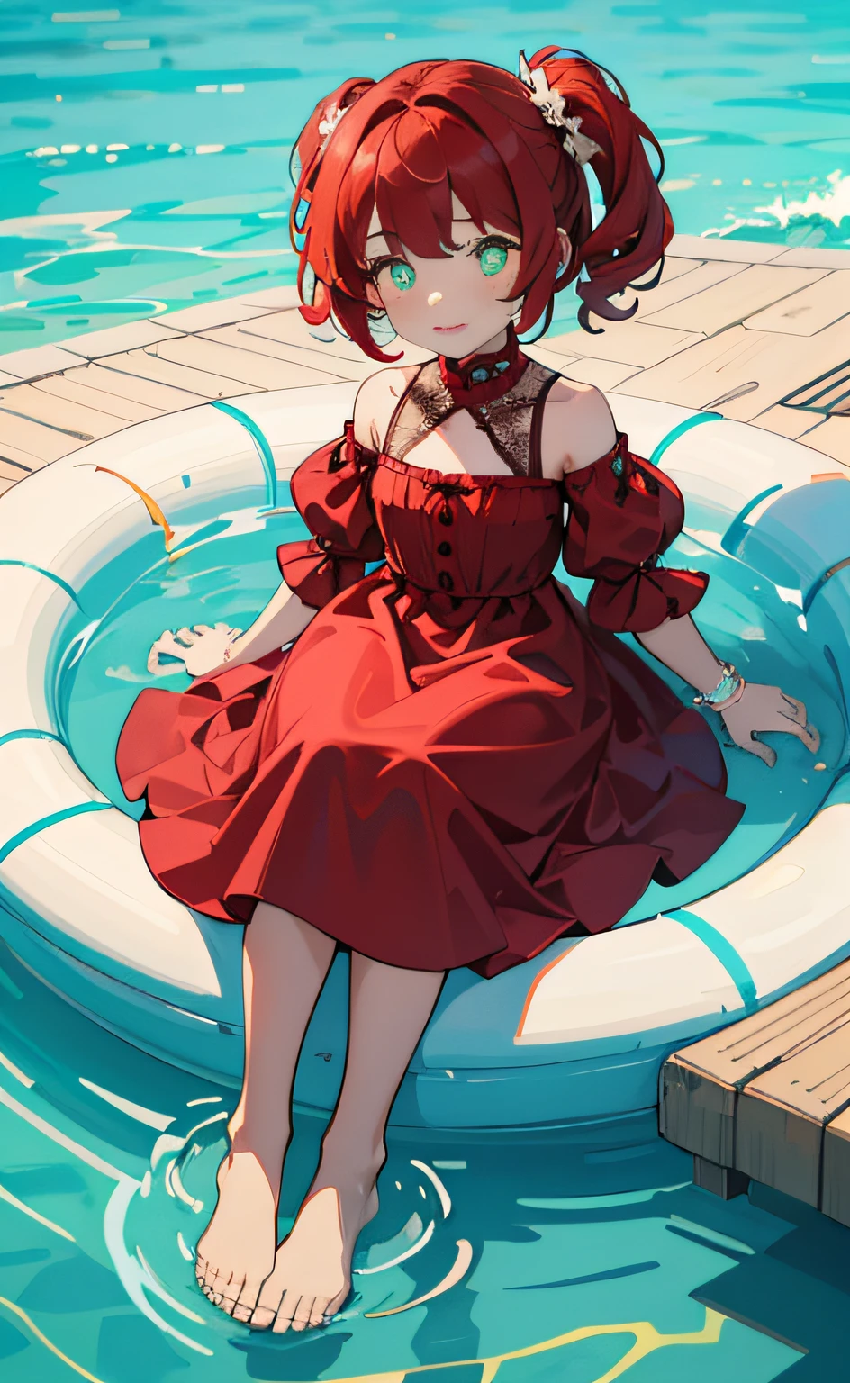 8K,best qulity,The Masterpiece,1 cute little girl ,Black pupils,red tinted hair,Natural volumes,shorter hair,A-line big red dress,Cute puff sleeves,Lovely lace edges,Children's figure,Thin ankles,Barefoot,Turquoise pool background,Cute swimming ring,Welcoming summer atmosphere,relaxed,colourful,Normal hands,Delicate fingers