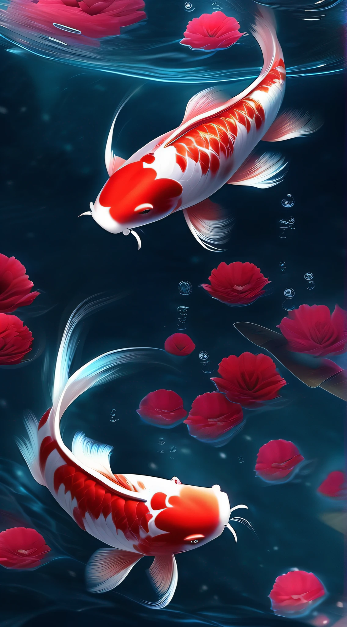 Koi，Realistic large koi，Perfect swimming，Dynamic photography。a bird's-eye view。Red peony，独奏，lilie，Underwater，Underwater，Under water，water droplet，Water，transparent，The ultra-Realistically，CG Digital rendering，Science fiction，masterece-piece，The ultra-Realistically，it is crystal clear，High-pole color，Advanced composition。Bright。《Sparkling》《Bright》。The perfect color，The light is bright and soft。Diamond-like color，Transparent and translucent。 air bubbles，Bubbles，foam，coral，Red coral