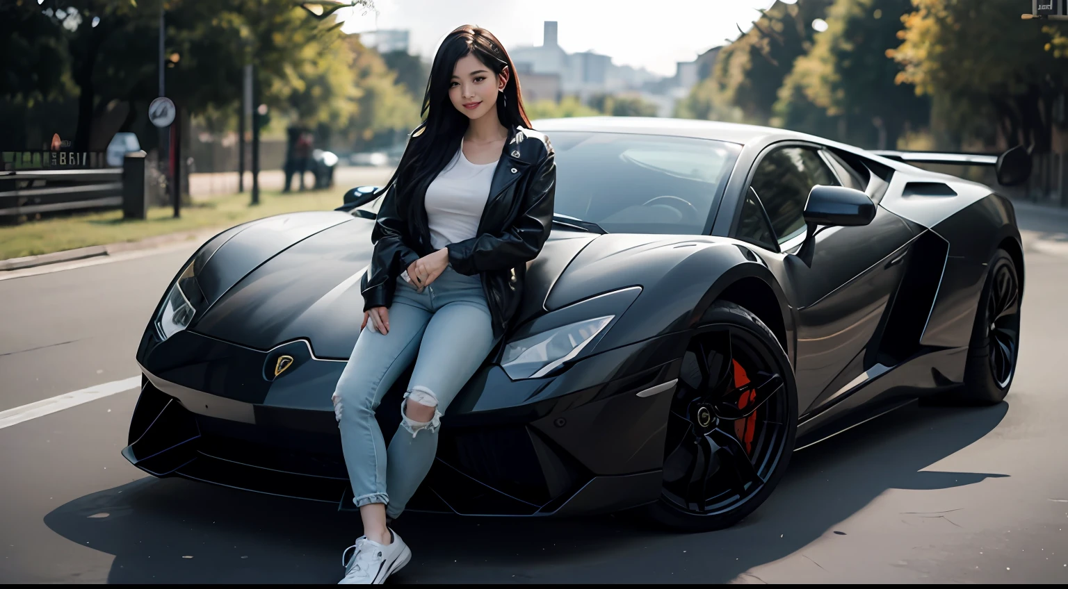 ((full - body):1.5)(({Only one woman}:1.2):{(((Wear jeans,White clothes,Wear AK sneakers)1.2),((Long black hair that falls to the shoulders,shiny glistening eyes)1.3),((Pose erotically in front of a Lamborghini,looks at the viewer,Smile with):1.3),(((very huge breast):1.2)}, \n (({In front of Lamborghini,Morning):1.3), animesexy, style of anime, 16k, ((best qulity, high detaild):1.4), The Masterpiece, Ultra HDR