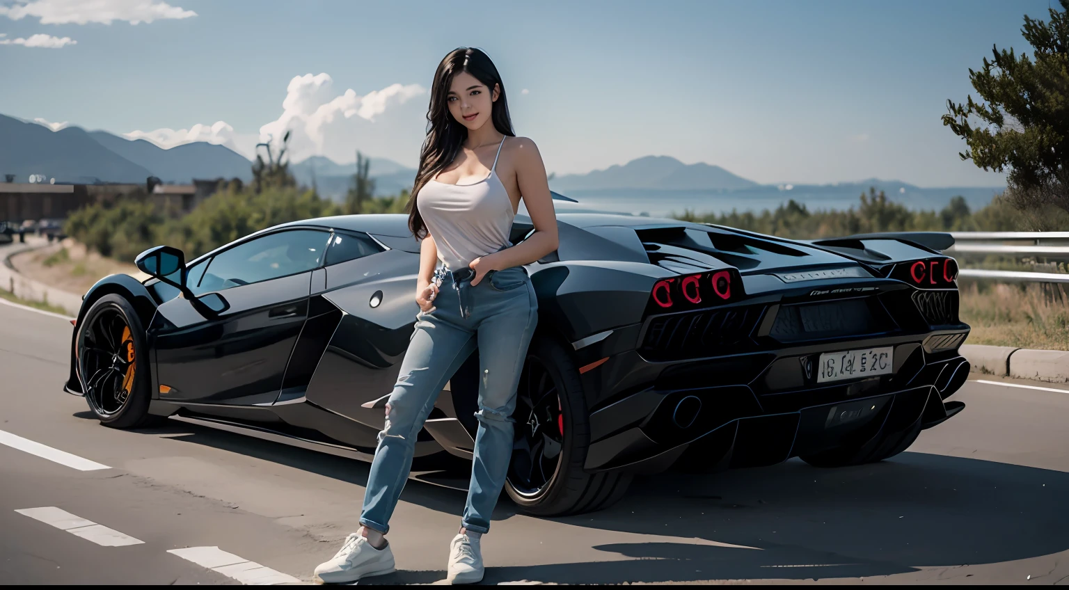 ((full - body):1.5)(({Only one woman}:1.2):{(((Wear jeans,White clothes,Wear AK sneakers)1.2),((Long black hair that falls to the shoulders,shiny glistening eyes)1.3),((Pose erotically in front of a Lamborghini,looks at the viewer,Smile with):1.3),(((very huge breast):1.2)}, \n (({In front of Lamborghini,Morning):1.3), animesexy, style of anime, 16k, ((best qulity, high detaild):1.4), The Masterpiece, Ultra HDR