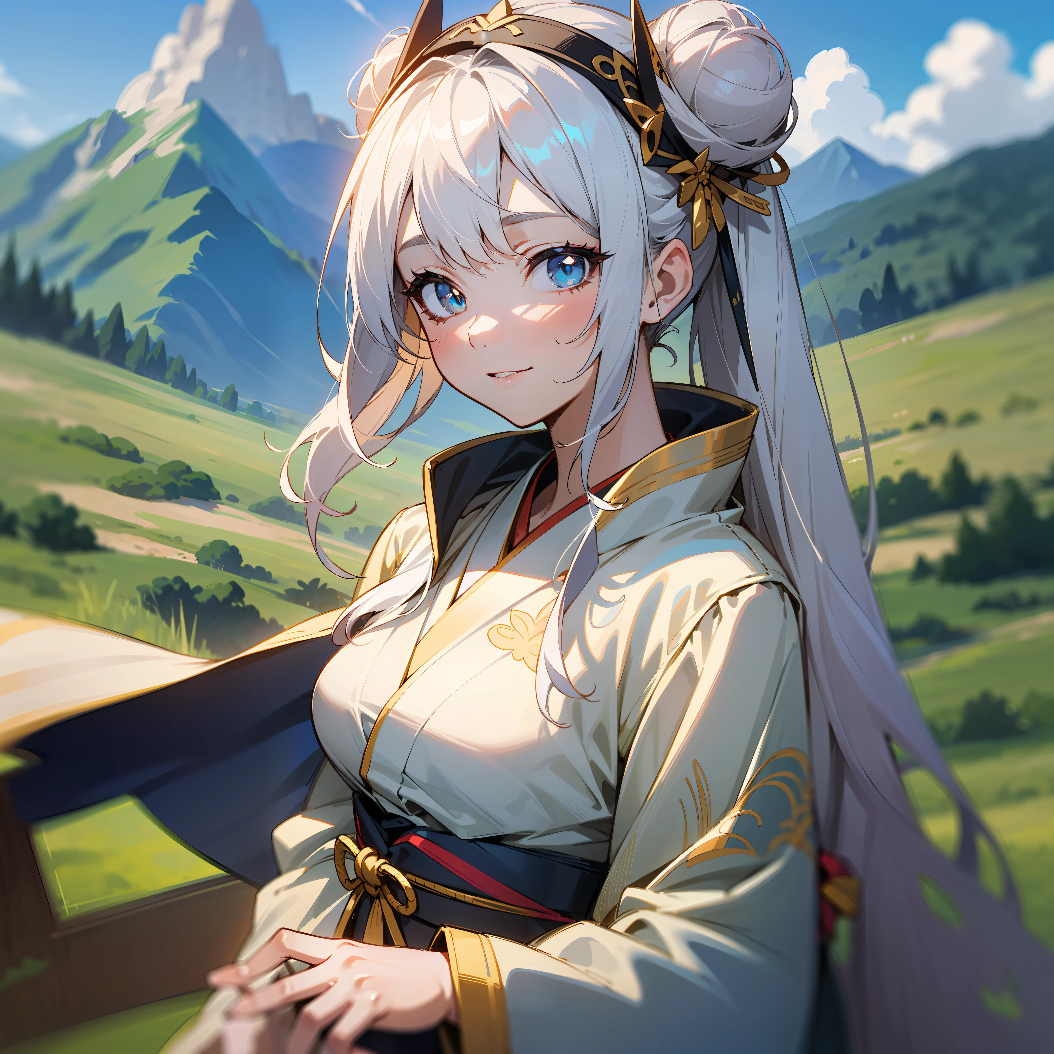 (Masterpiece, Best quality), (fine detailed beautiful eyes), (finely detailed  eyes and detailed face), (beautiful and clear background), (Extremely detailed CG, Ultra-detailed, best shadow), ((Depth of field)), beautiful concept illustration, (illustration), (extremely fine and beautiful), (Perfect details) a female asian anime character with long blond hair and white/light grey /gold dress and kimono 1girl, Outdoors, moutain terrain, 独奏, breasts, jour, look viewer, Long hair, Smile, mountainous horizon, Sky, pony-tail, buns, Long sleeves, bangs, Blue sky, White hair, Cloud, hair accessory