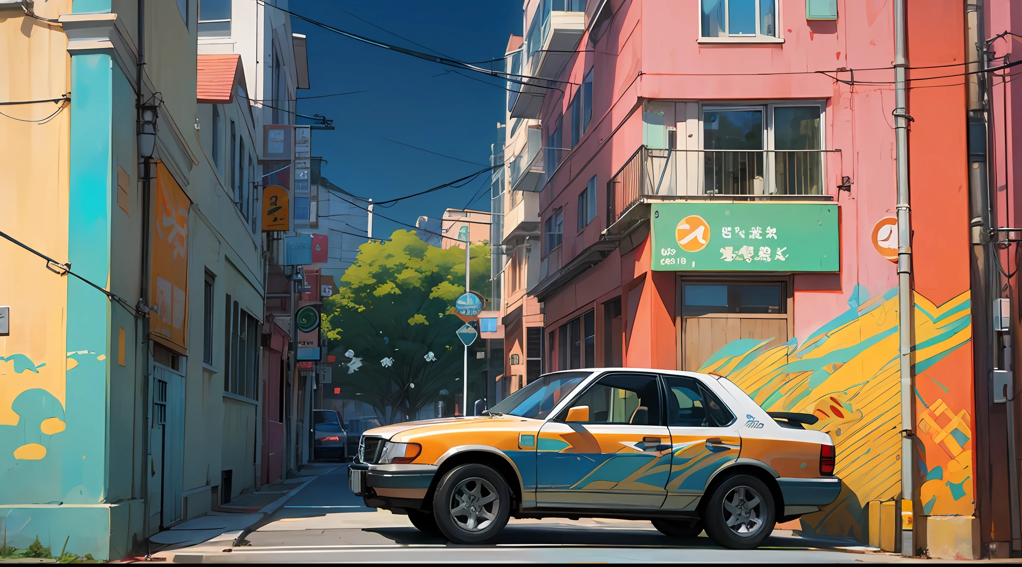 A street painting with a car parked on the side of the road with a building in the background