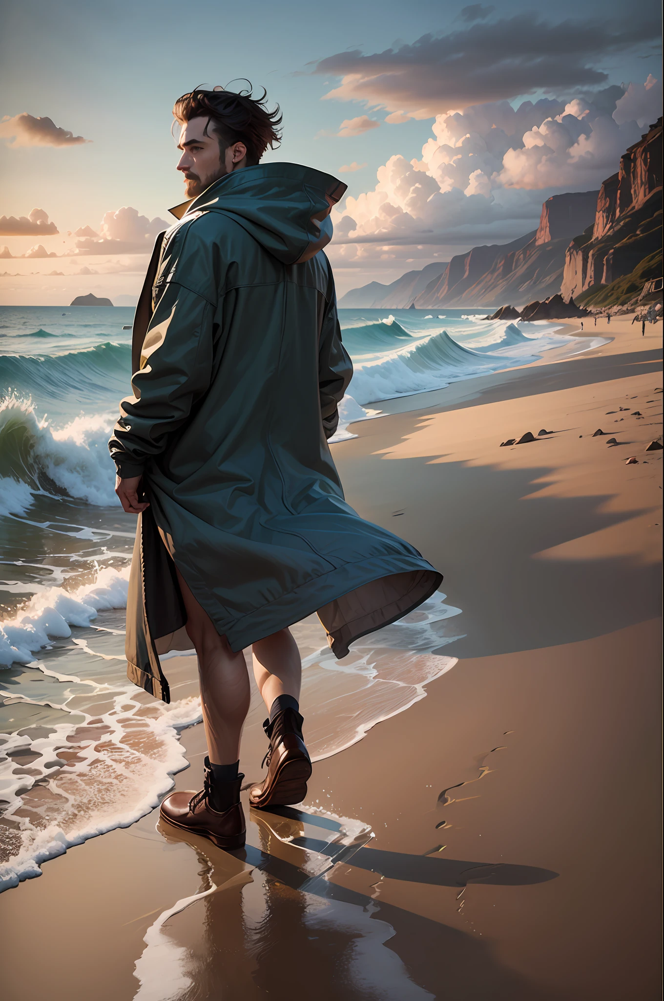 hombre guapo vestido elegantemente con un abrigo de vison andando por la orilla de una playa. pintura digital.fotorealismo. ultra detallado --auto --s2