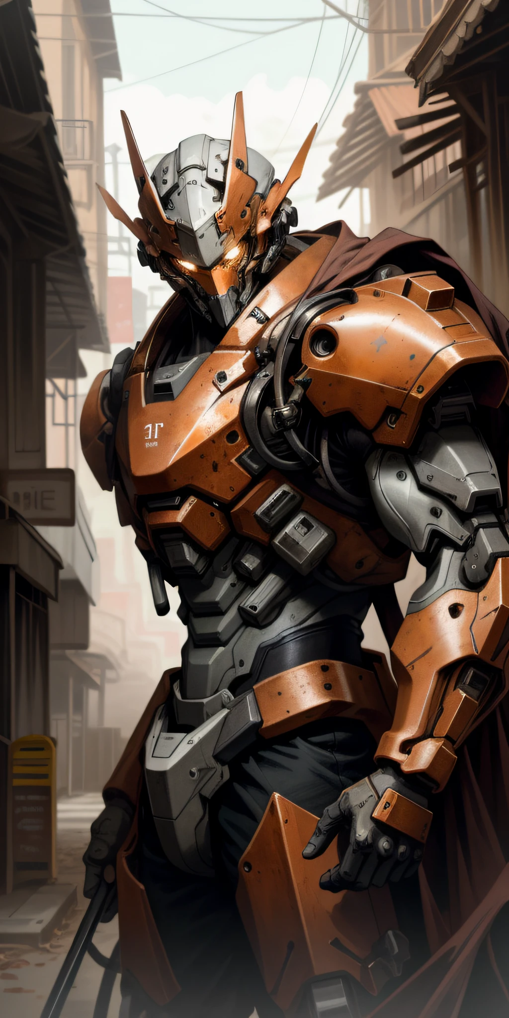 Portrait photo of an alpha male, perfect eyes, in a worn mecha suit, intricate, (steel metal [rust]), elegant, sharp focus, photo by greg rutkowski, soft lighting, vibrant colors, masterpiece, ((streets)), cowboy shot, dynamic pose,