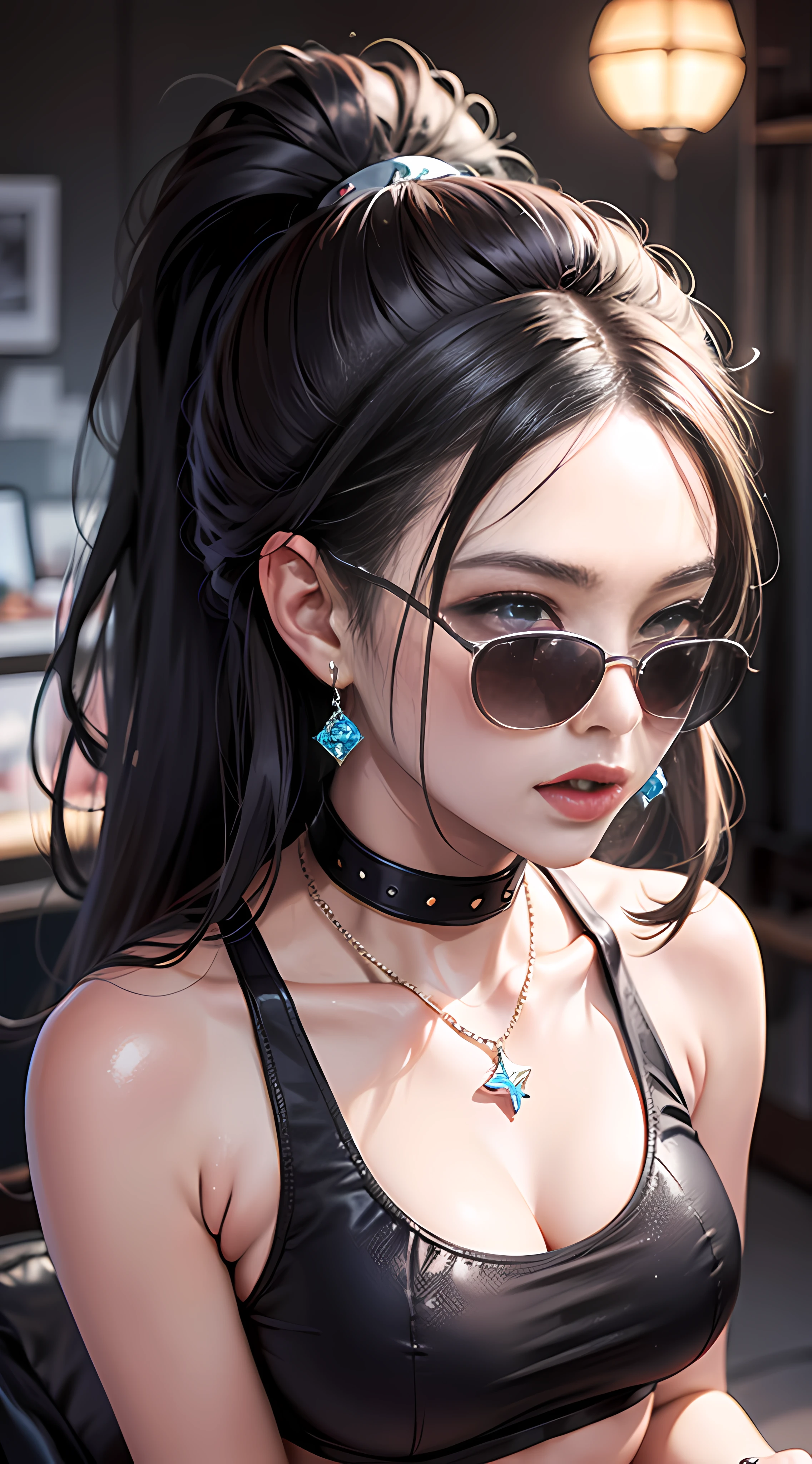 Ultra high quality，8K，gal girl，Sexy and feminine, high and cold，Enchanting，The head proportions are perfect，Black gray high ponytail，Wear a T-shirt, high-waisted shorts，Flaming red lips，Swan neck，neck chains，the sun is shining wide shot，With sunglasses