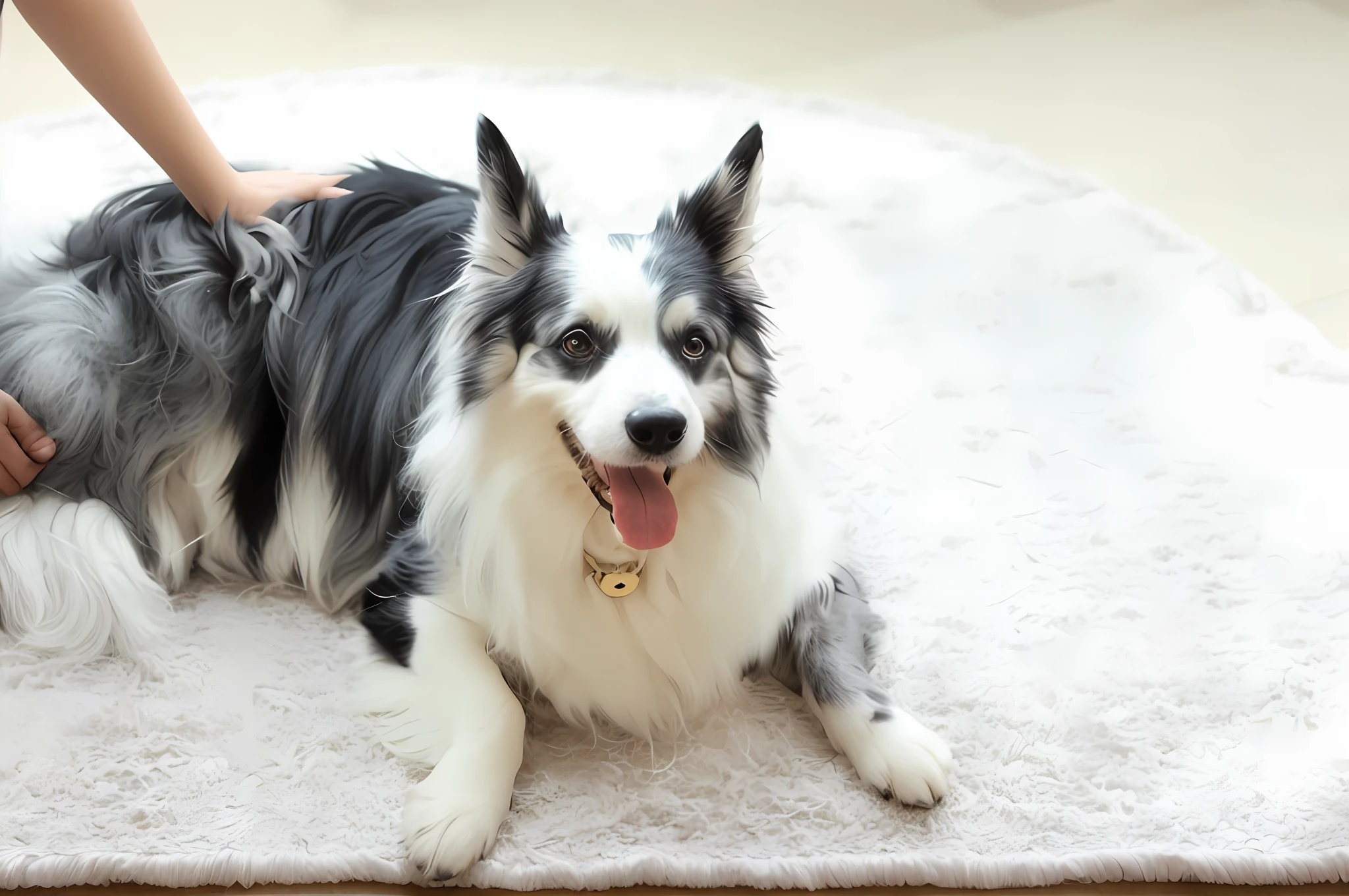 there is a dog that is laying on the floor with a person, Border Collie, small dog, breed corgi and doodle mix, corgi, pet animal, adult dog, chinese crested powderpuff dog, happy dog, happy finnish lapphund dog, small white dog at her side, half dog, pomeranian mix, relaxing and smiling at camera, Puppy fur is white, black, gray, animation --auto
